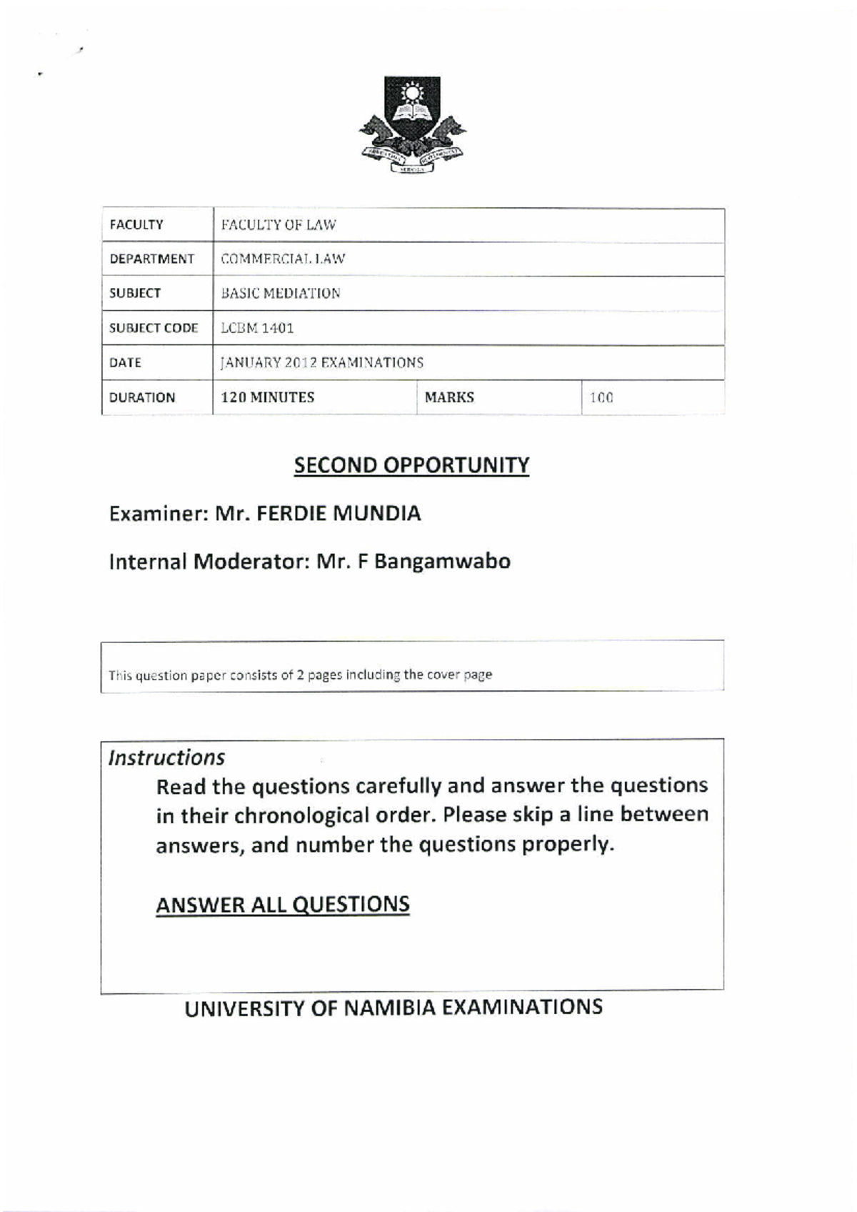 LCBM 1401 Basic Mediation 2012 Second Opportunity Exam - Studocu
