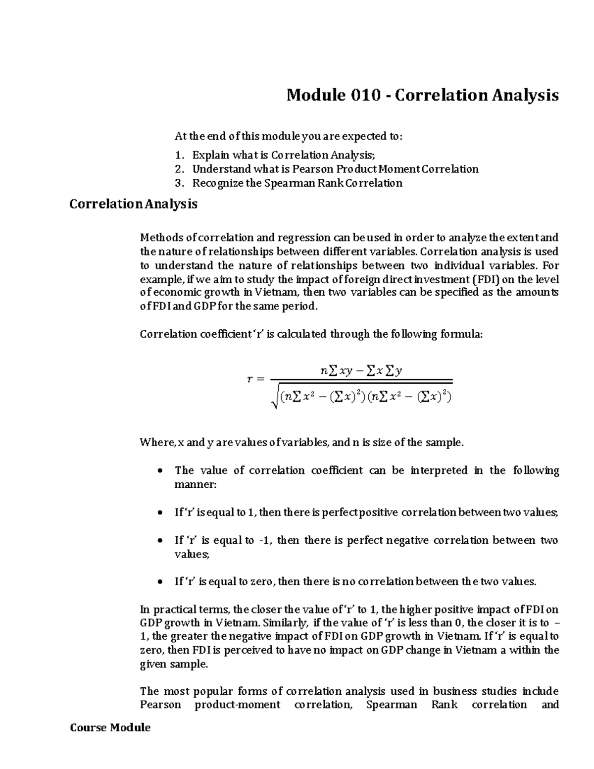 W10 Lesson 8 - Correlation Analysis Overview and Methods - Studocu