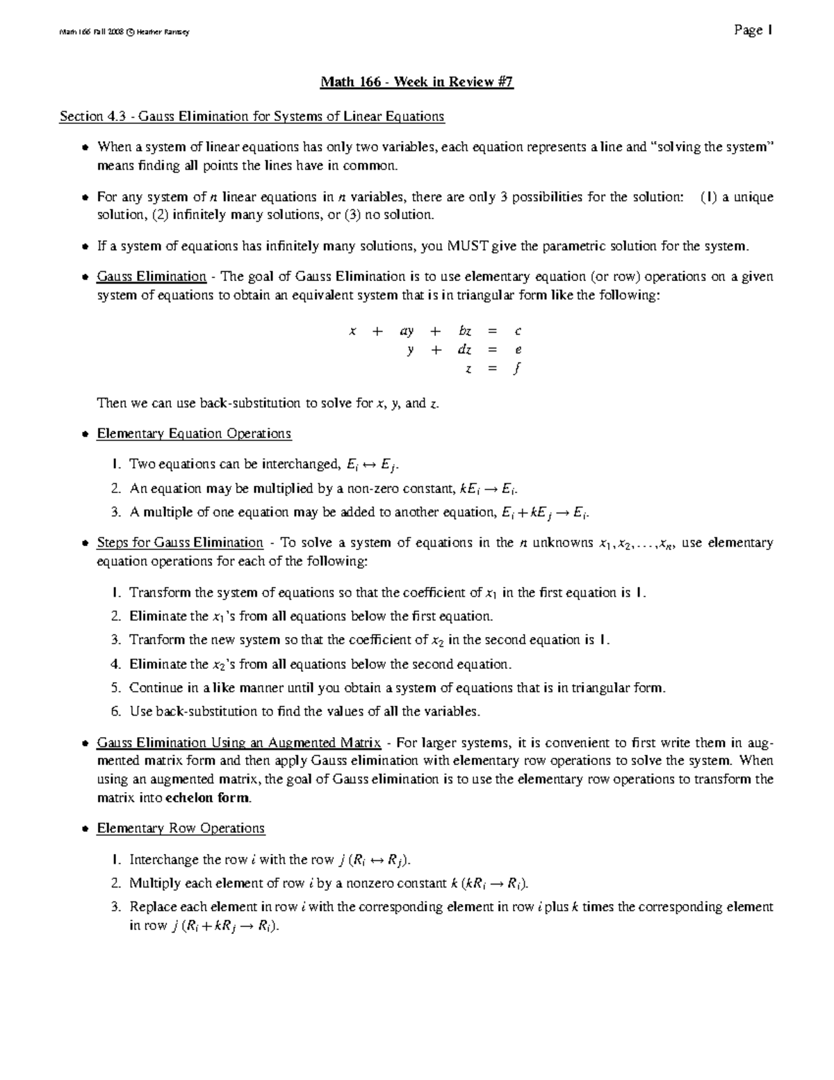 Math 166 Fall 2008: Week in Review on Gauss Elimination - Studocu