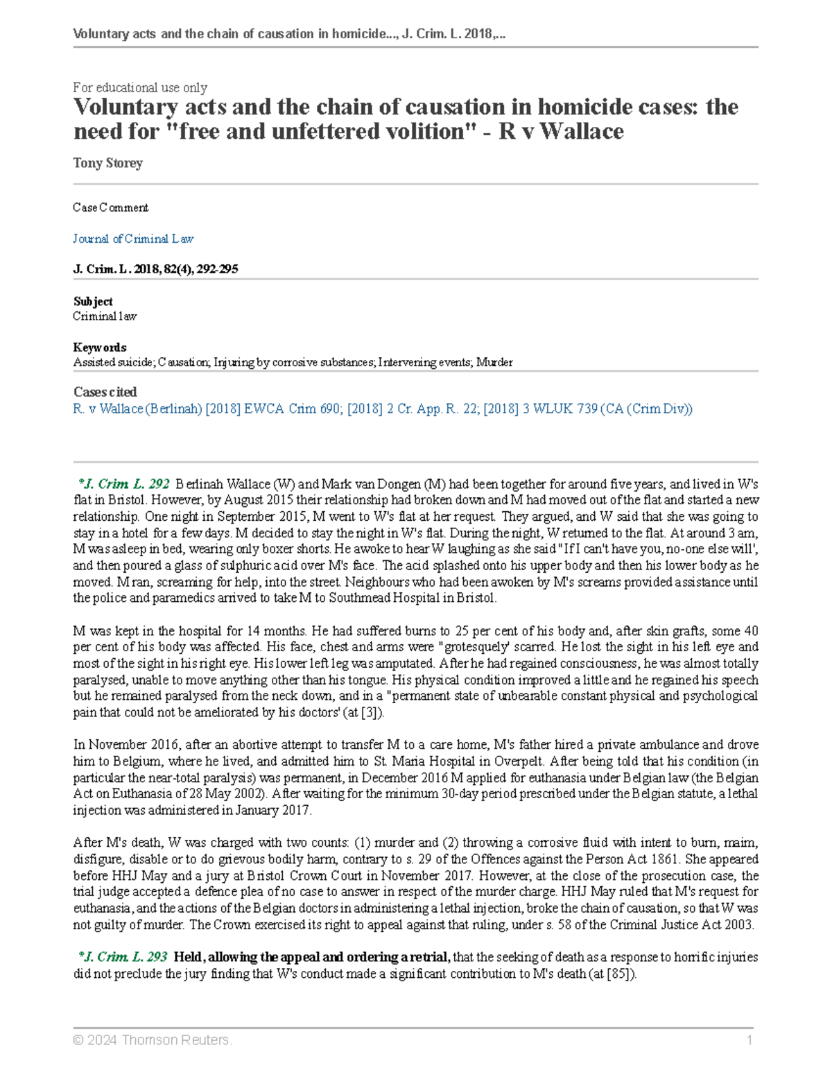 Voluntary acts and the chain of causation in homicide cases the need ...