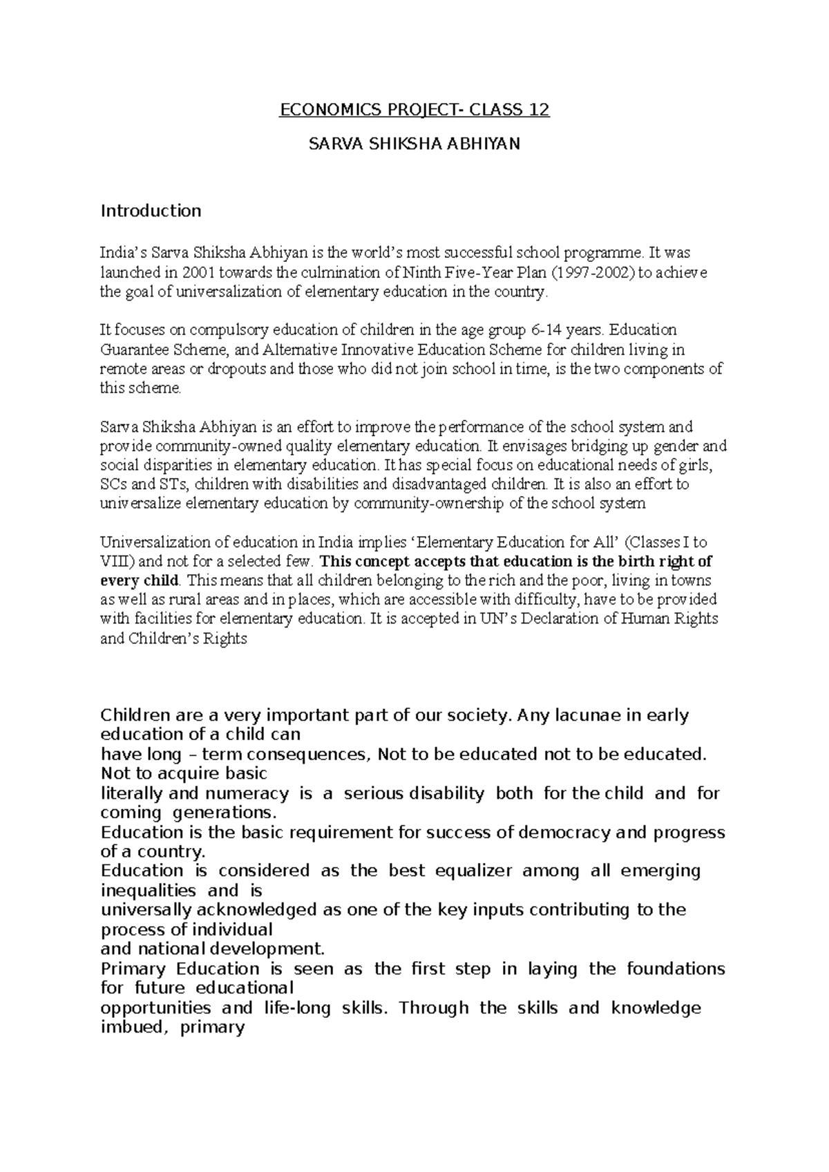 Economics Project on Sarva Shiksha Abhiyan - Class 12 Analysis - Studocu