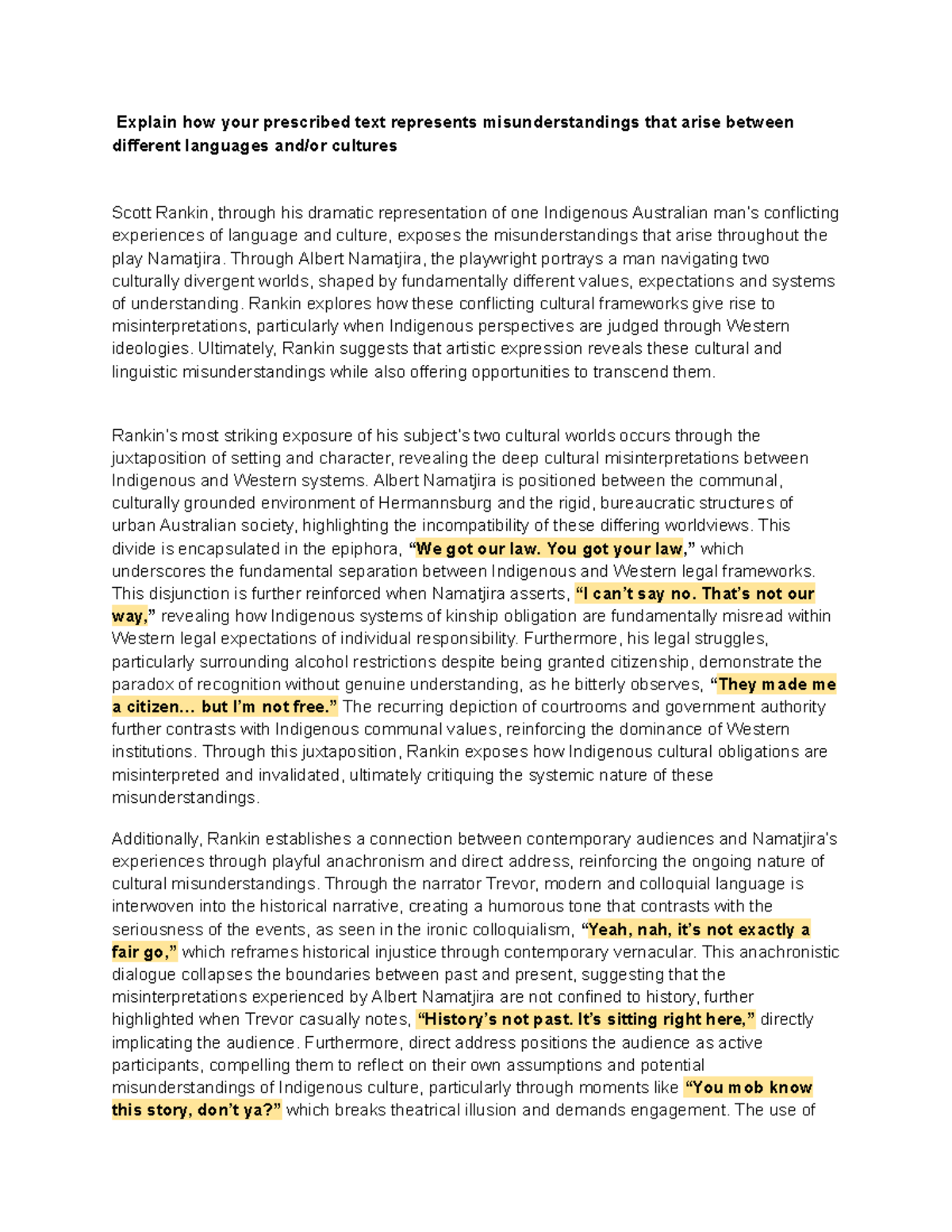 Module B Essay: Misunderstandings in Scott Rankin's Namatjira - Studocu