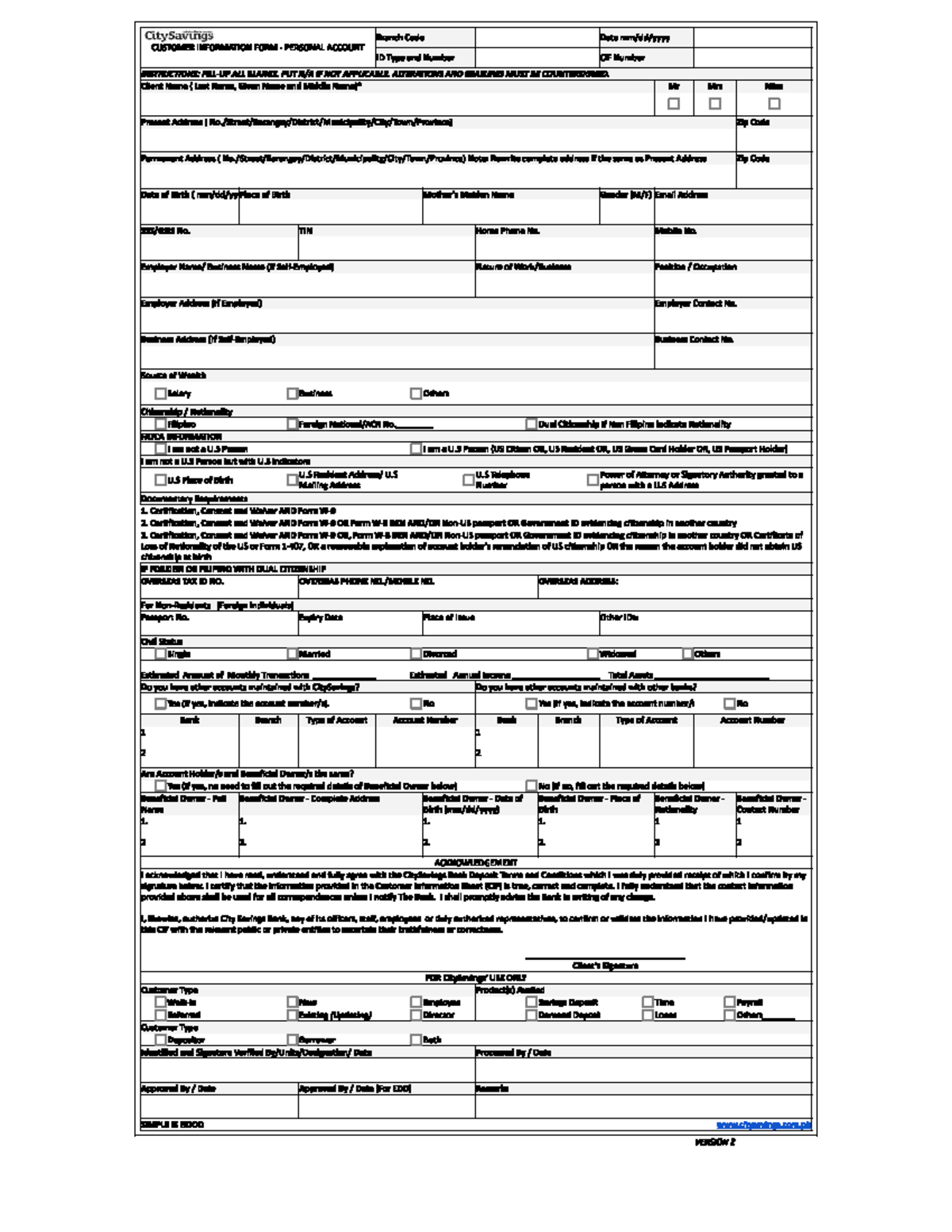 CIF Form Version 2 - CitySavings Customer Information Sheet - Studocu