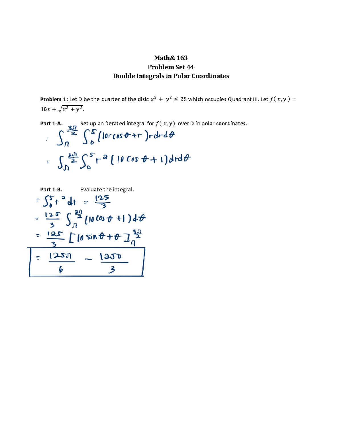 163 Problem Set 44: Double Integrals in Polar Coordinates - Studocu
