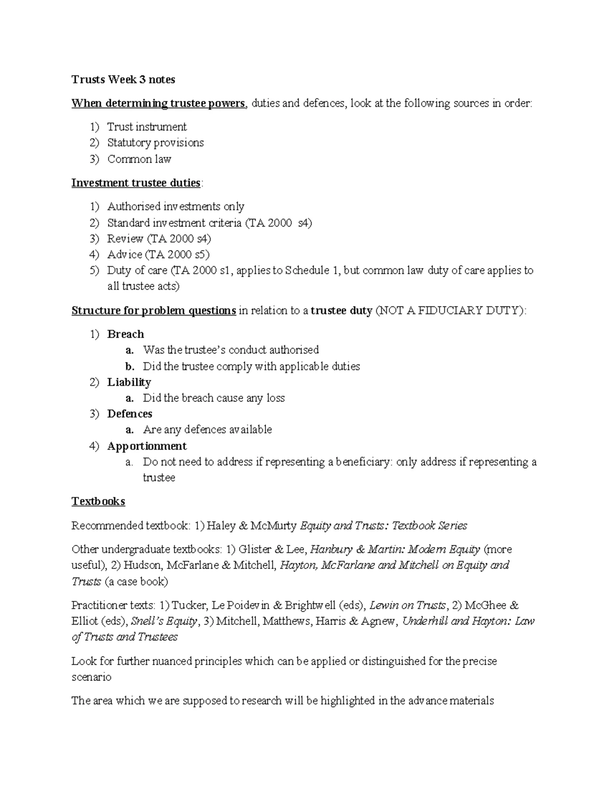 Trust (LAW123) Week 3: Trustee Powers, Duties, and Defences Notes - Studocu