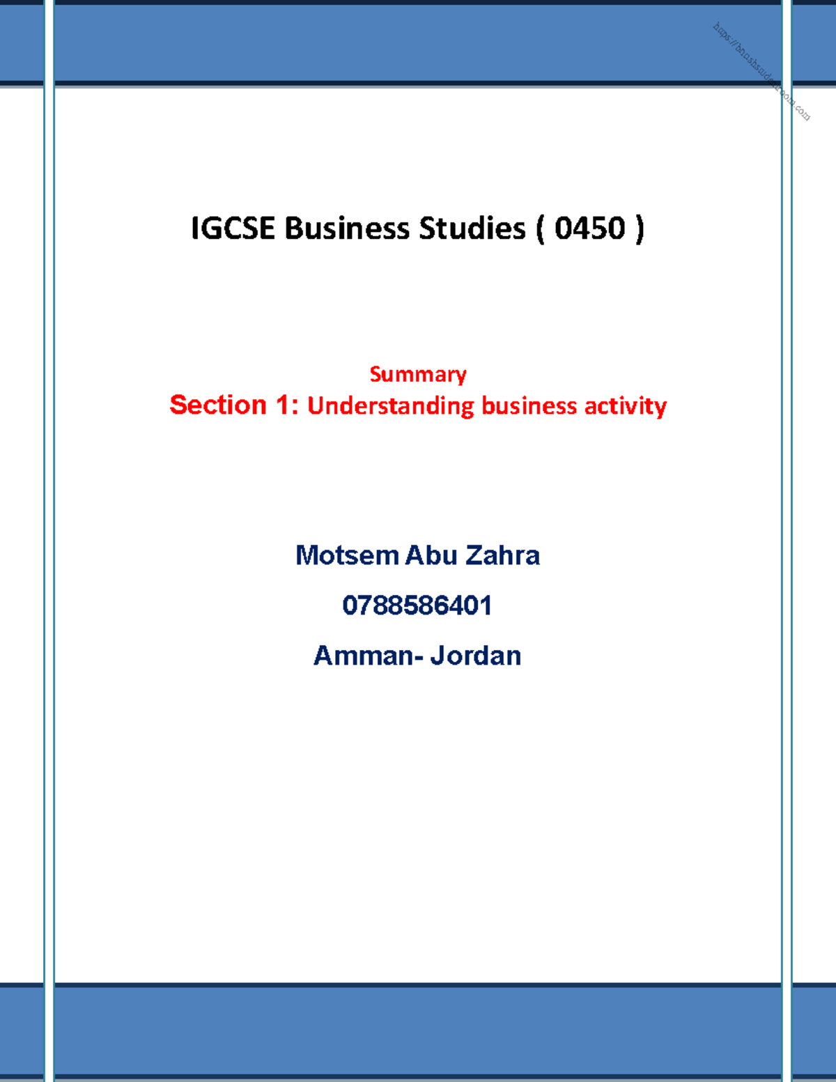 IGCSE Business Studies 0450 Section 1 Summary by Motsem Abu Zahra - Studocu