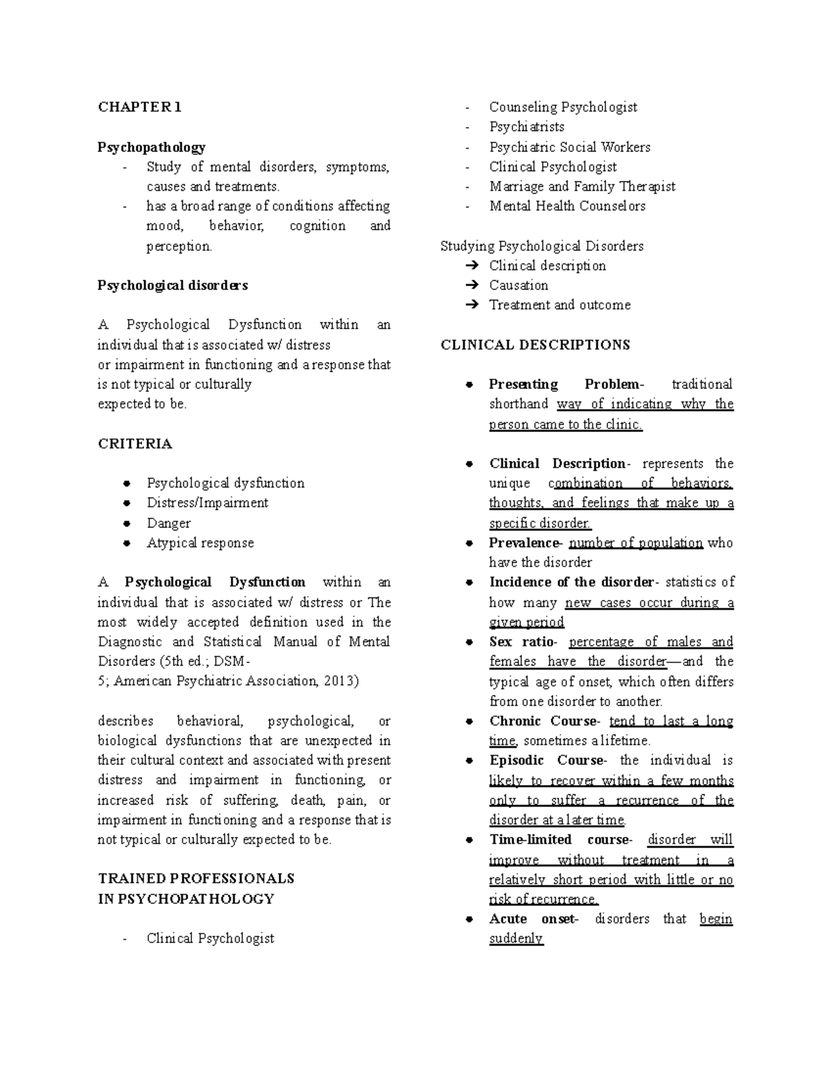 Abnormal Psychology - CHAPTER 1 Psychopathology - Study of mental ...