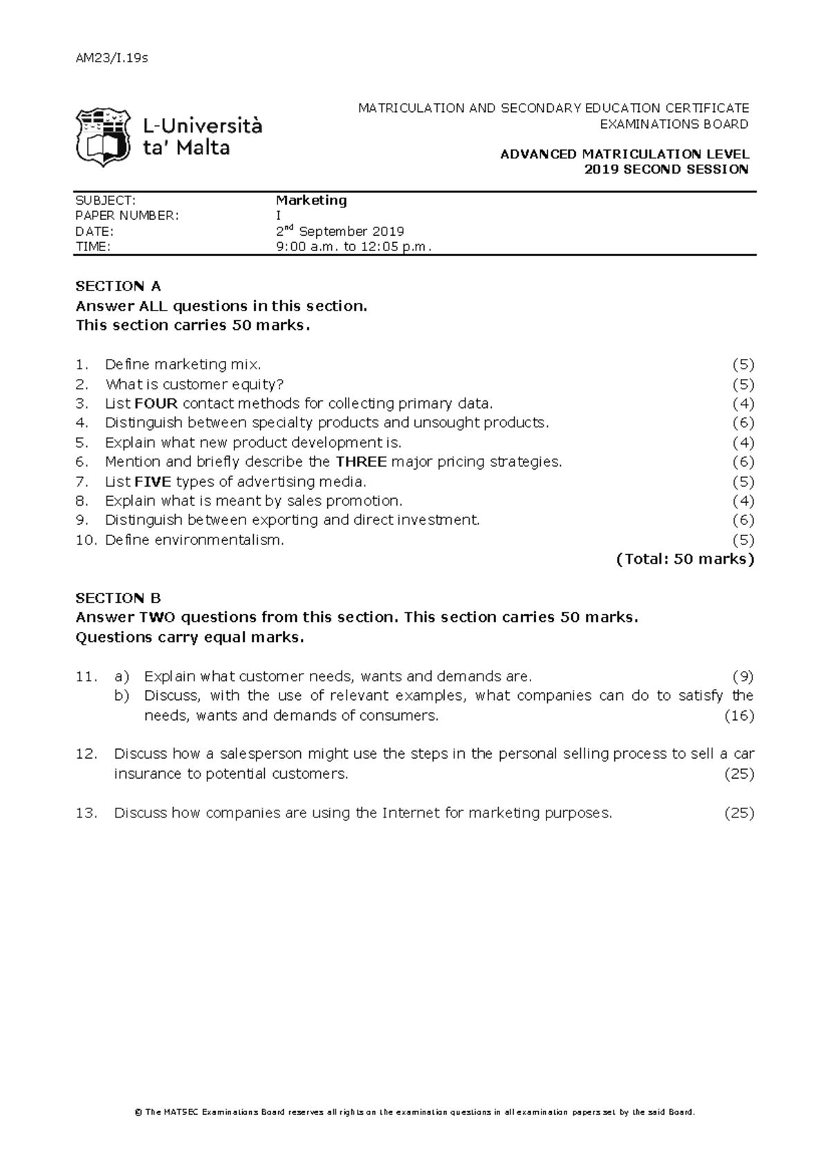 Marketing I & II Papers - Advanced Matriculation 2019 Exam Questions ...