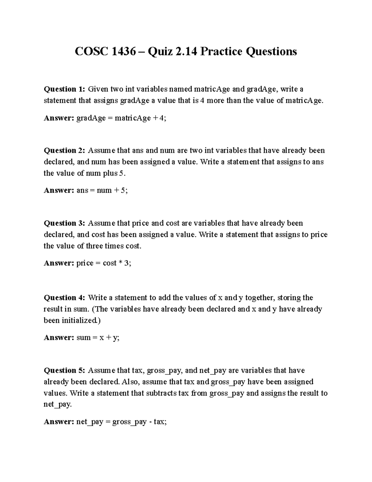 COSC 1436 Quiz 2.14 Practice Questions – Answer Key and Solutions - Studocu