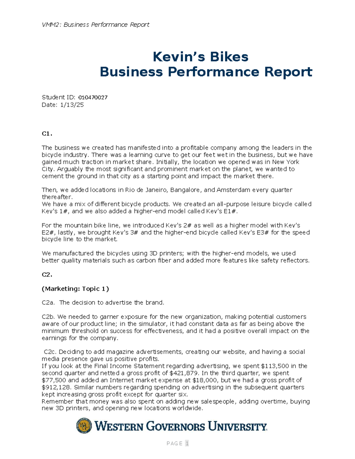Business Performance Report - VMM2: Business Performance Report Kevin’s ...