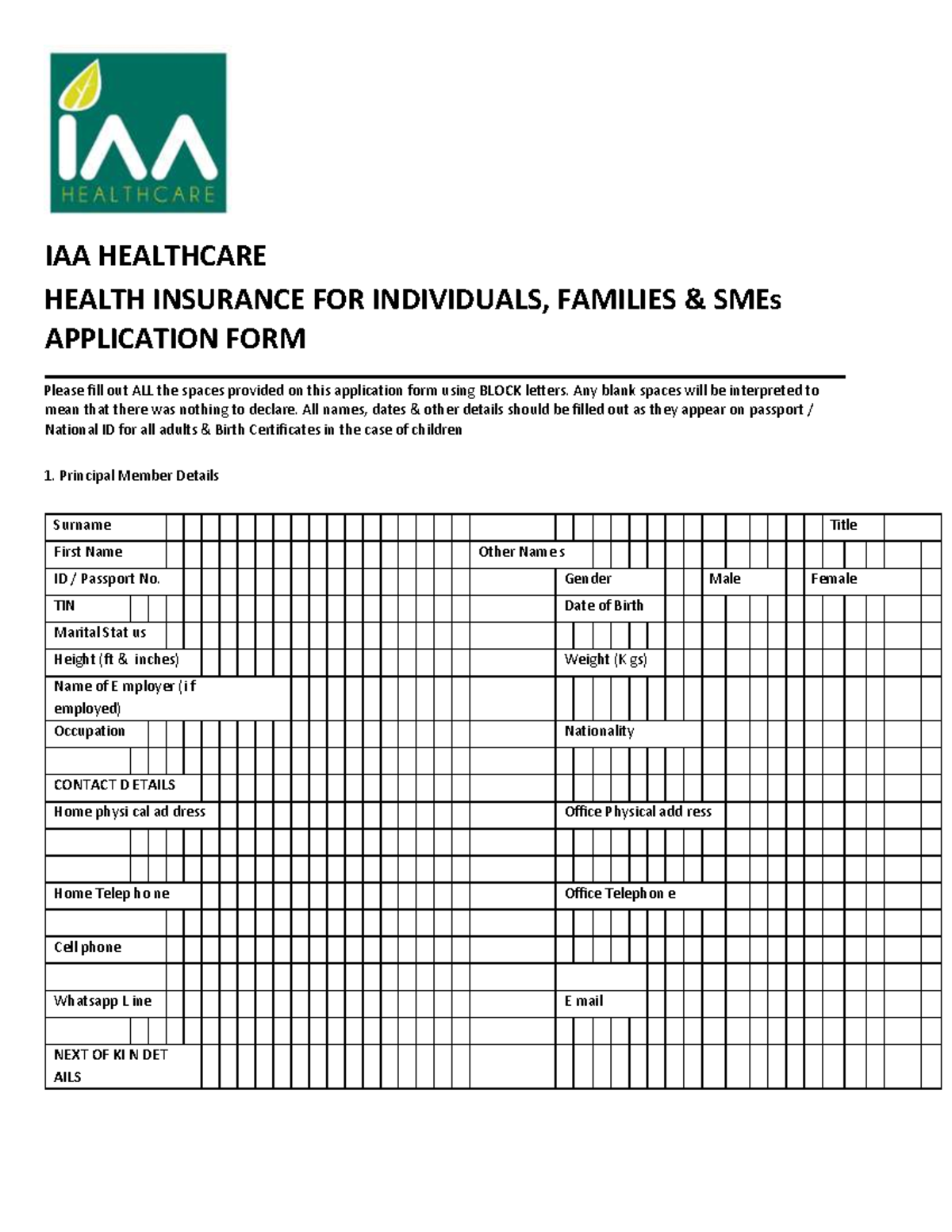 IAA Healthcare Insurance Application Form for Individuals & Families ...