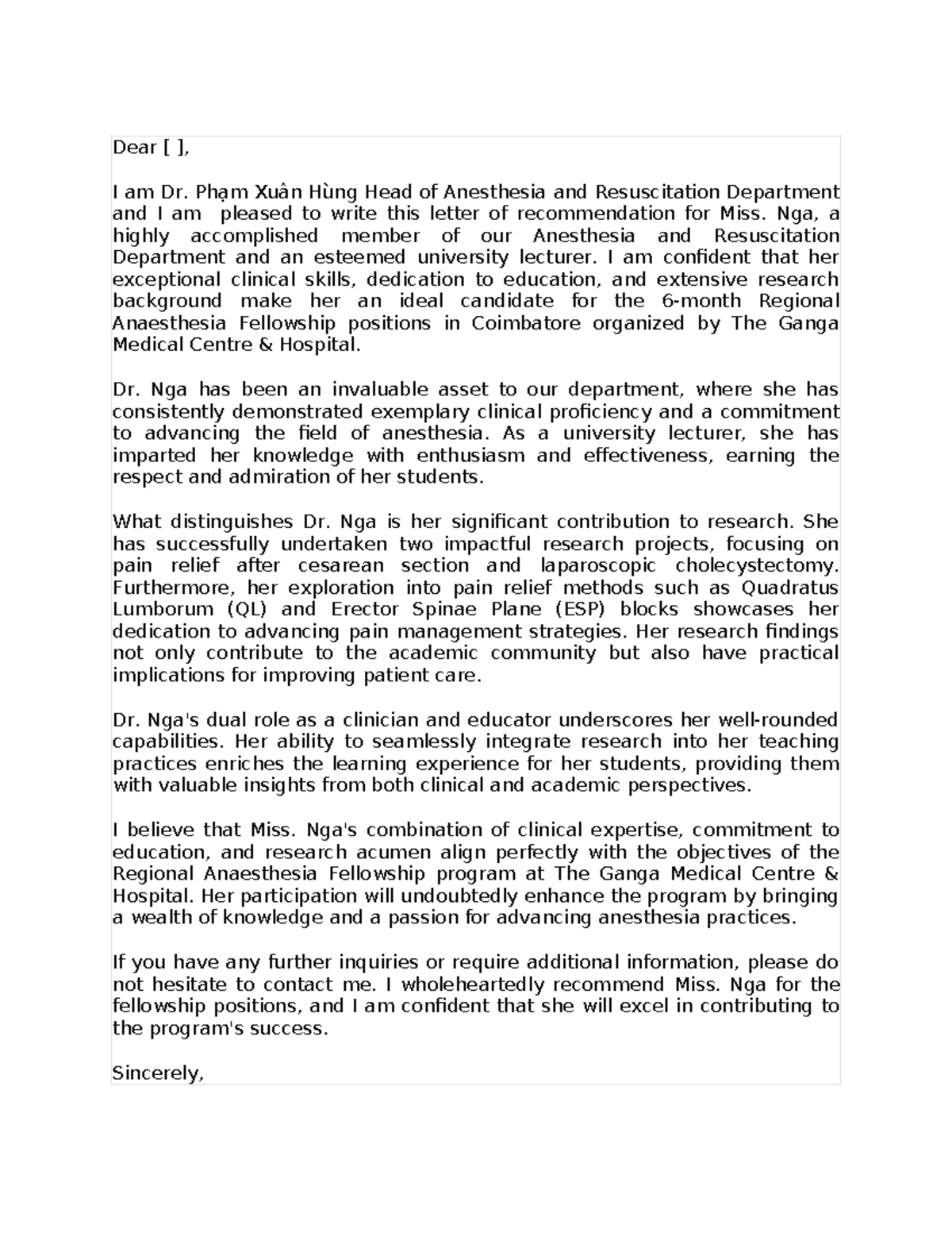 Letter of Recommendation for Miss. Nga - Anesthesia Fellowship - Studocu