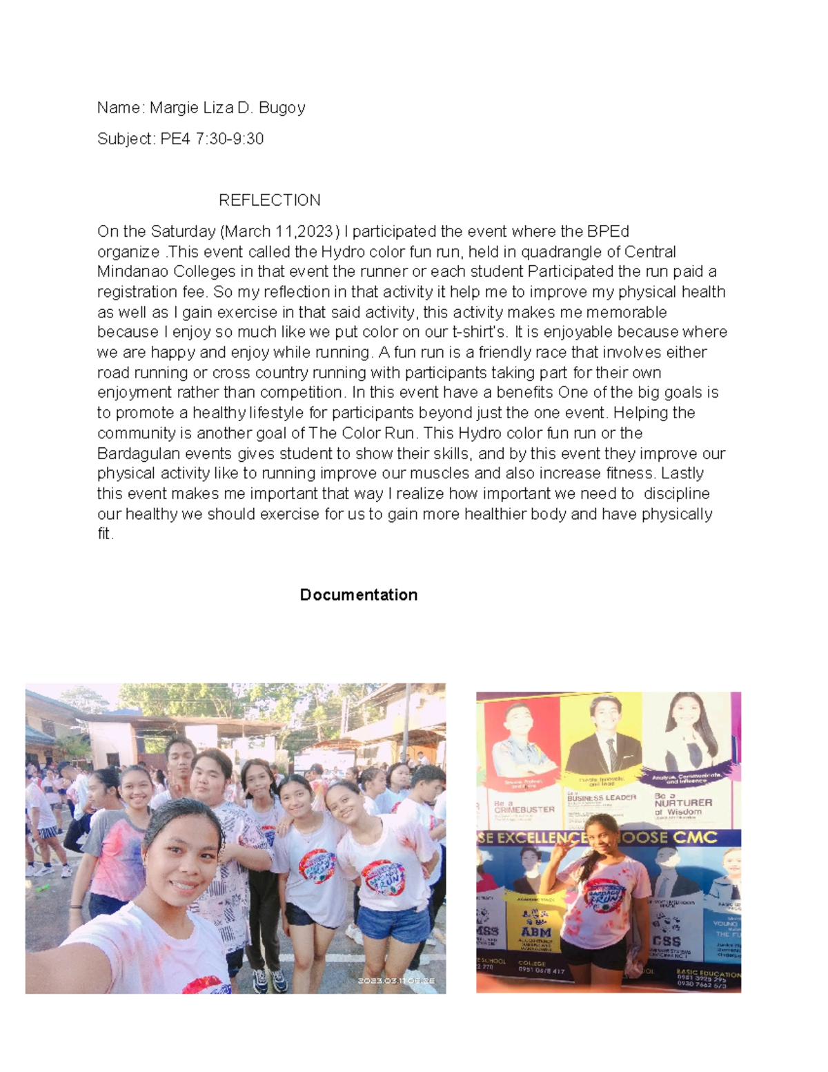 PE4 Reflection: Insights from the Hydro Color Fun Run Event - Studocu