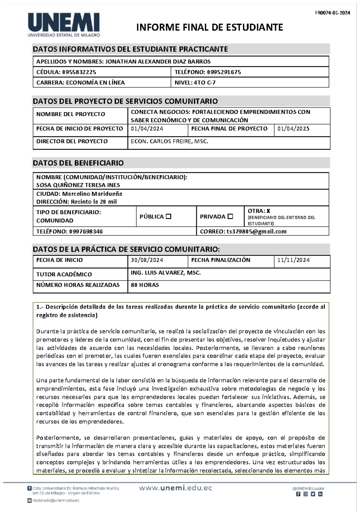 Informe Final Estudiante - Proyecto de Servicio Comunitario (Economía) - Document Preview
