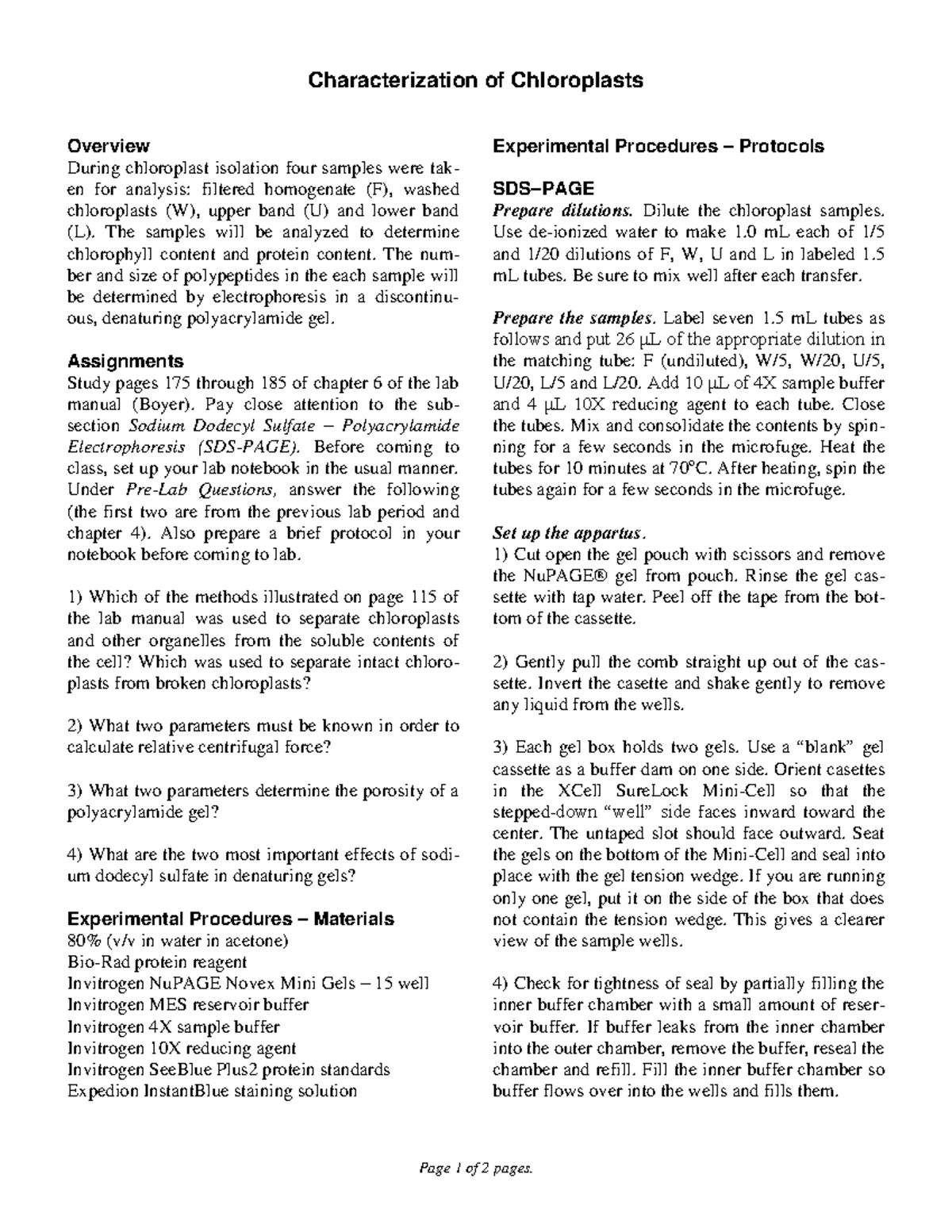 2011 Characterization of Chloroplasts - The samples will be analyzed to ...