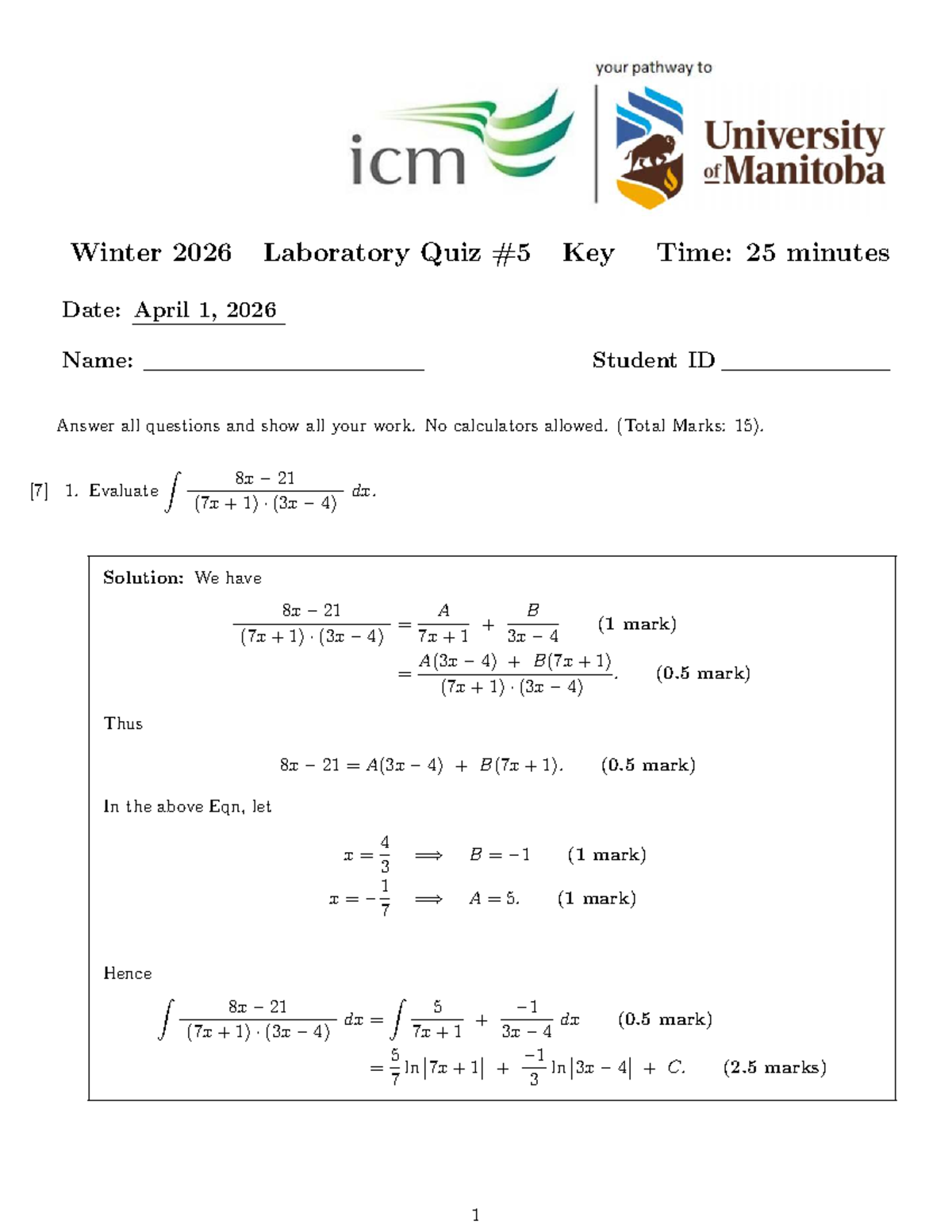 Winter 2026 Math 1700 Quiz 5 Solutions and Key - Studocu
