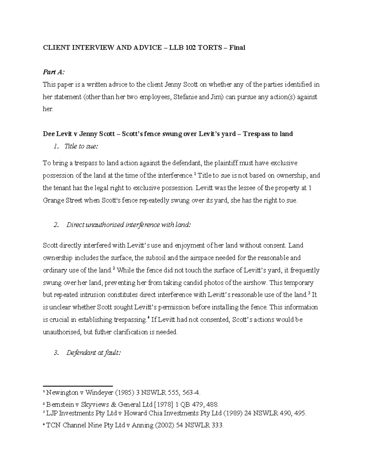 Client interview and advice LLB 102 torts final exam analysis - Studocu