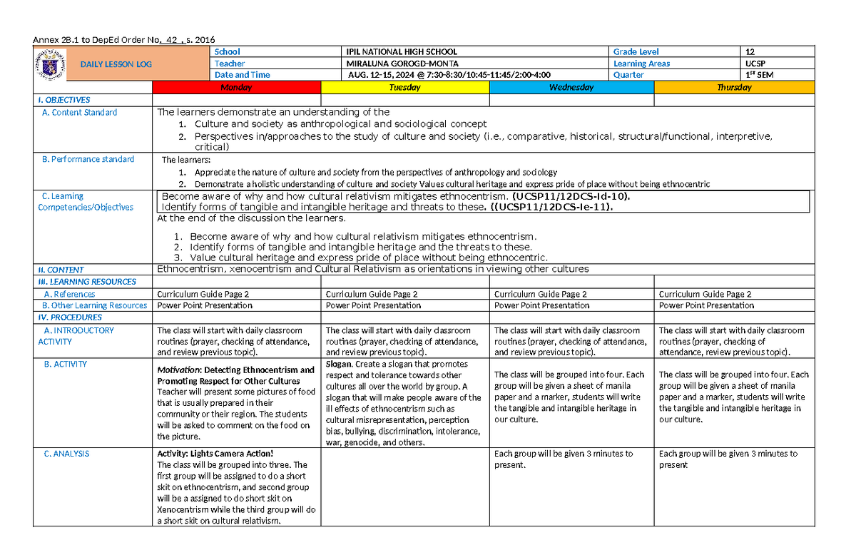 DLL UCSP Lesson Plan: Understanding Culture and Society (Aug 12-15 ...