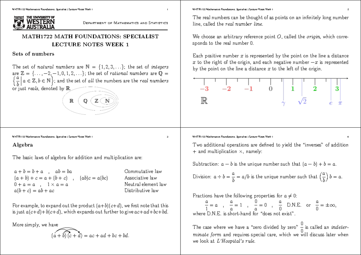 MATH1722 Mathematics Foundations: Specialist Lecture Notes Week 1 - Studocu