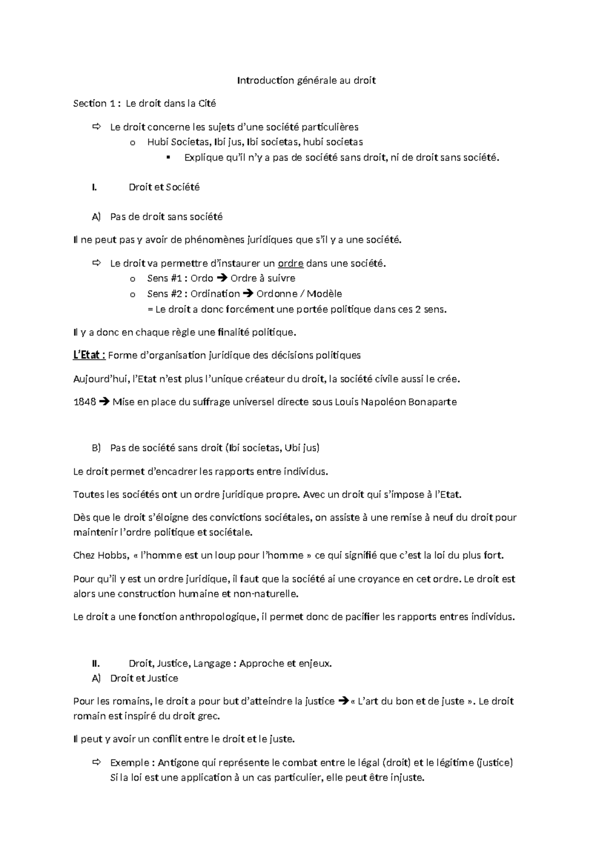 Introduction Générale au Droit - Section 1 : Droit et Société - Studocu