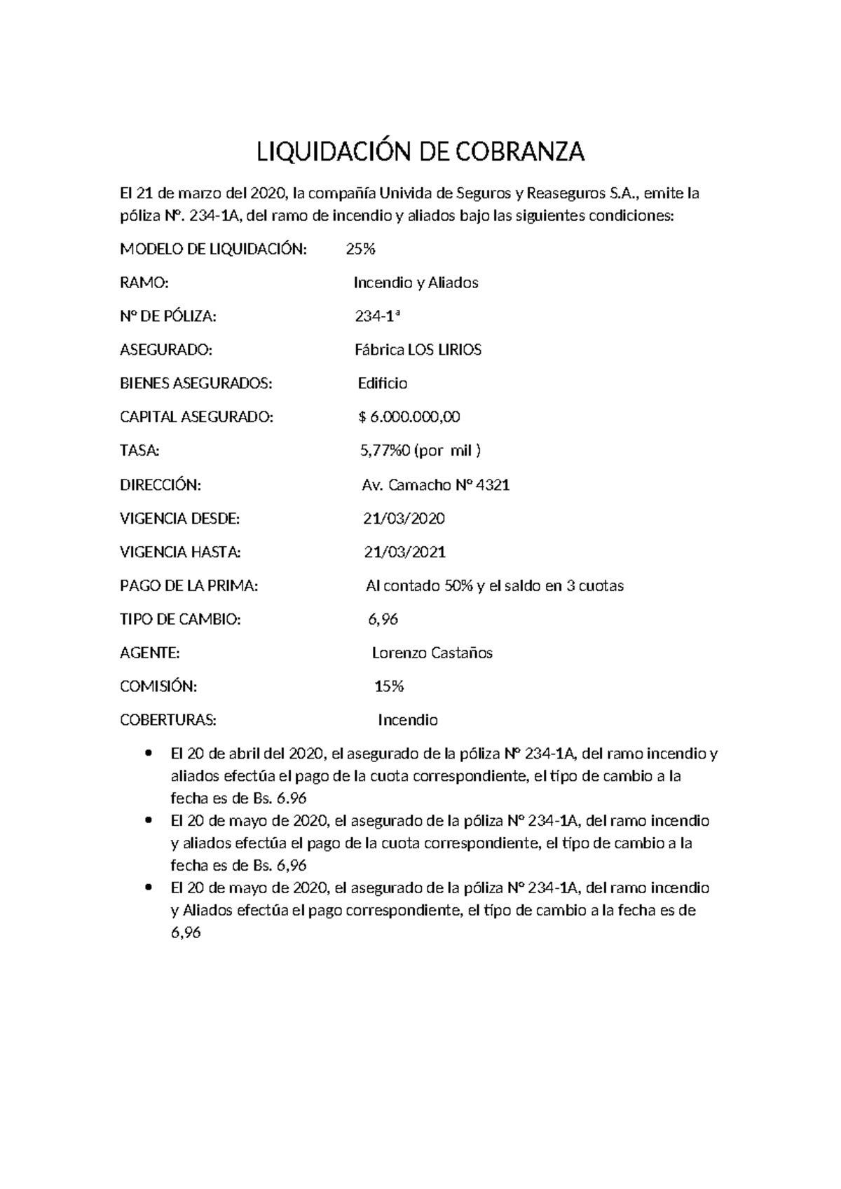 Liquidación DE Cobranza Y Registros Contables - LIQUIDACIÓN DE COBRANZA ...