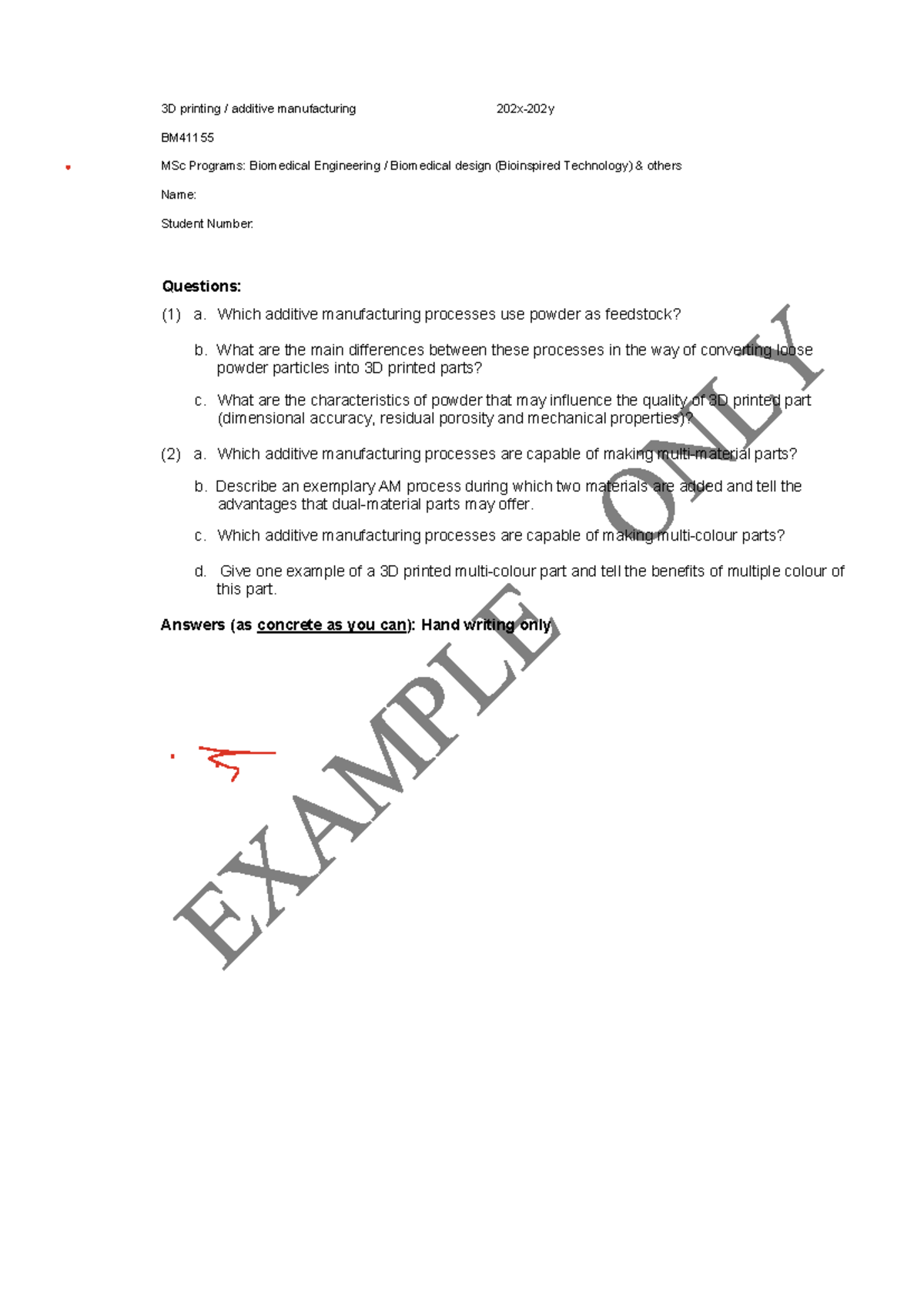 BM41155 Exam - Additive Manufacturing & 3D Printing Questions - Studeersnel