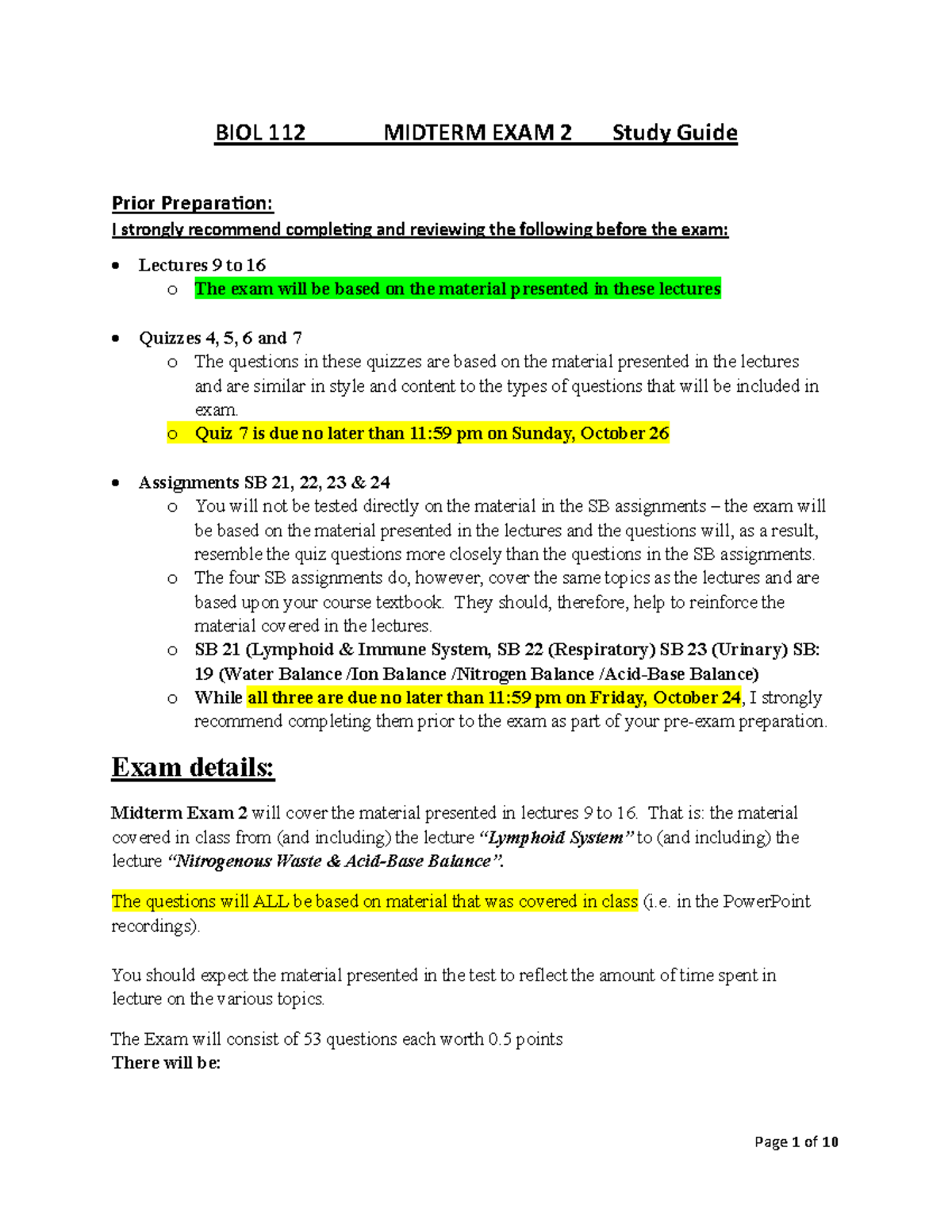 BIOL 112 MIDTERM EXAM 2 Study Guide: Lectures 9-16 Overview - Studocu