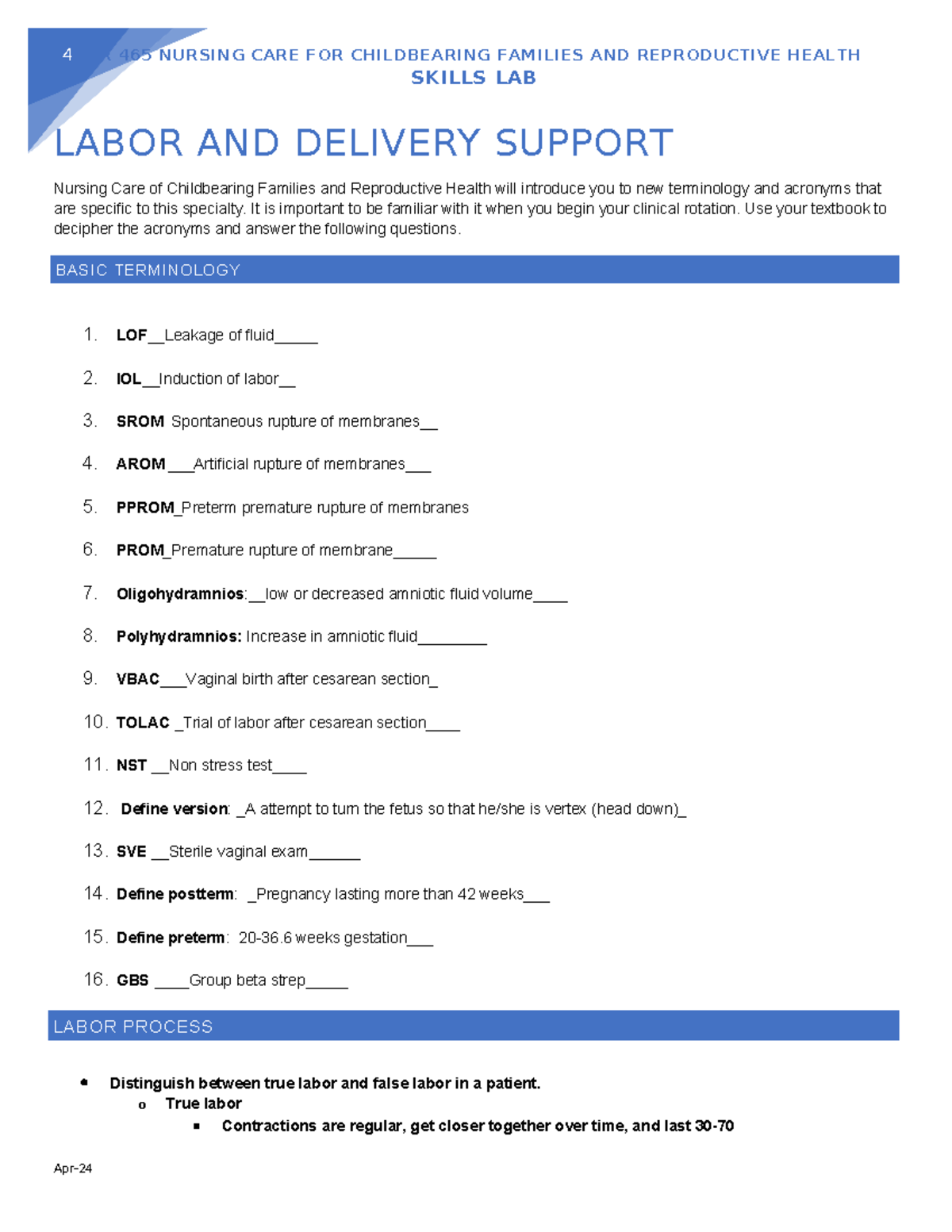 NR 465 Labor and Delivery Support Skills Lab Guide - Studocu
