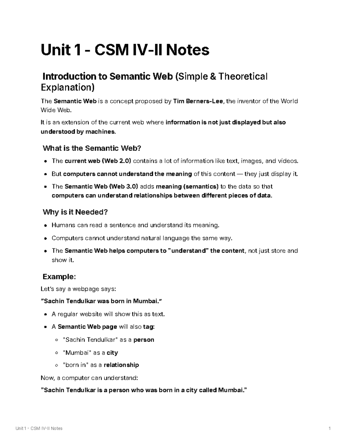 Unit 1 CSM Notes: Introduction to the Semantic Web and XML - Studocu