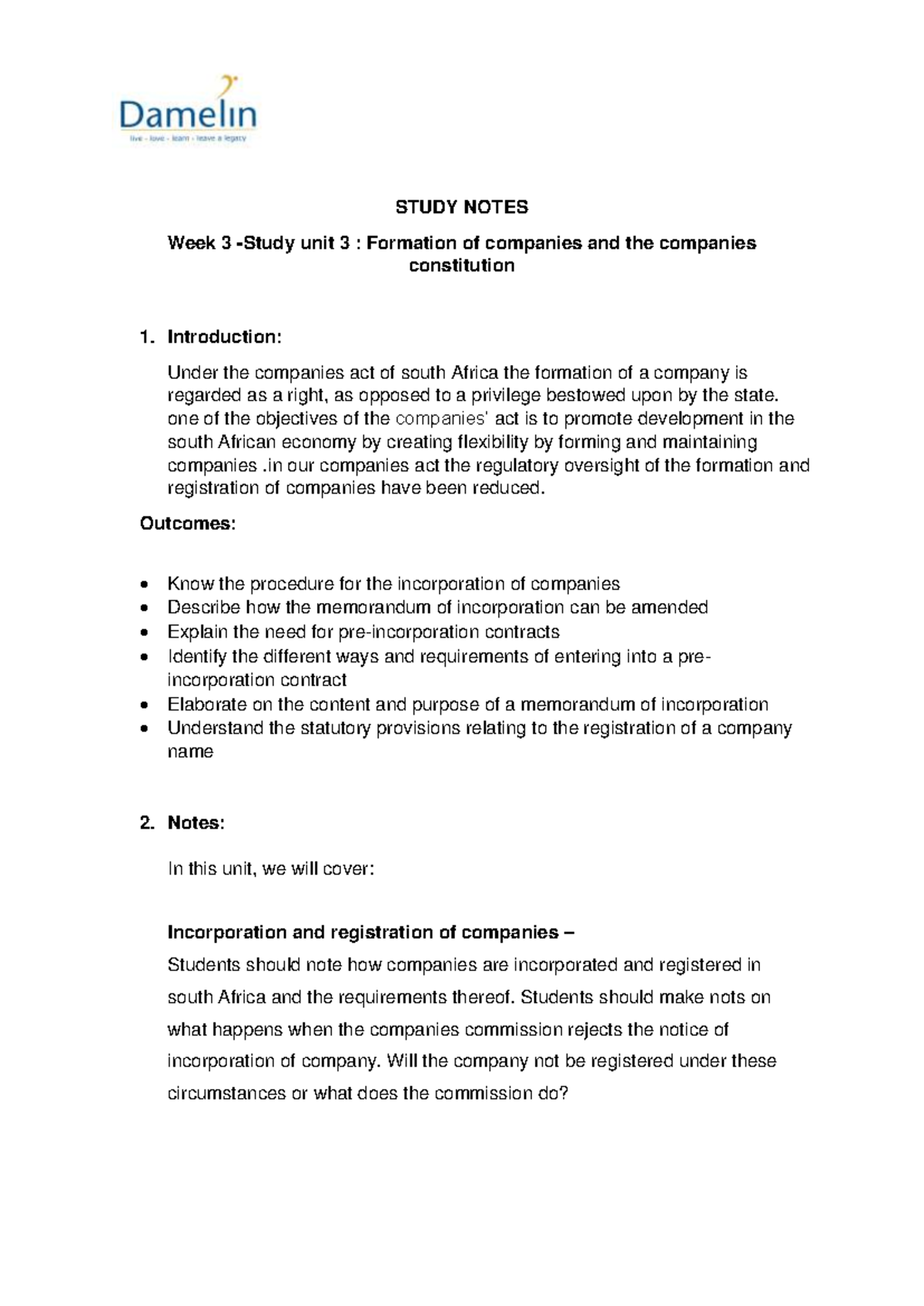 Week 3- Study Notes - law - STUDY NOTES Week 3 -Study unit 3 ...