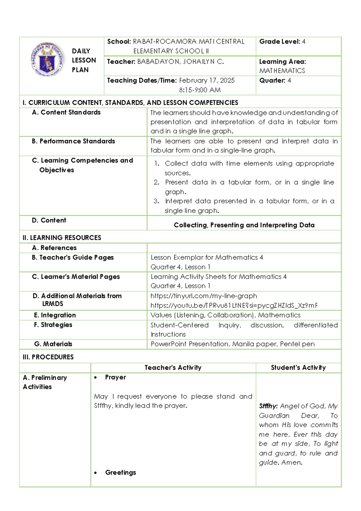 DLP Rated 2 Final - Detailed Lesson Plan for Mathematics 4 - Studocu