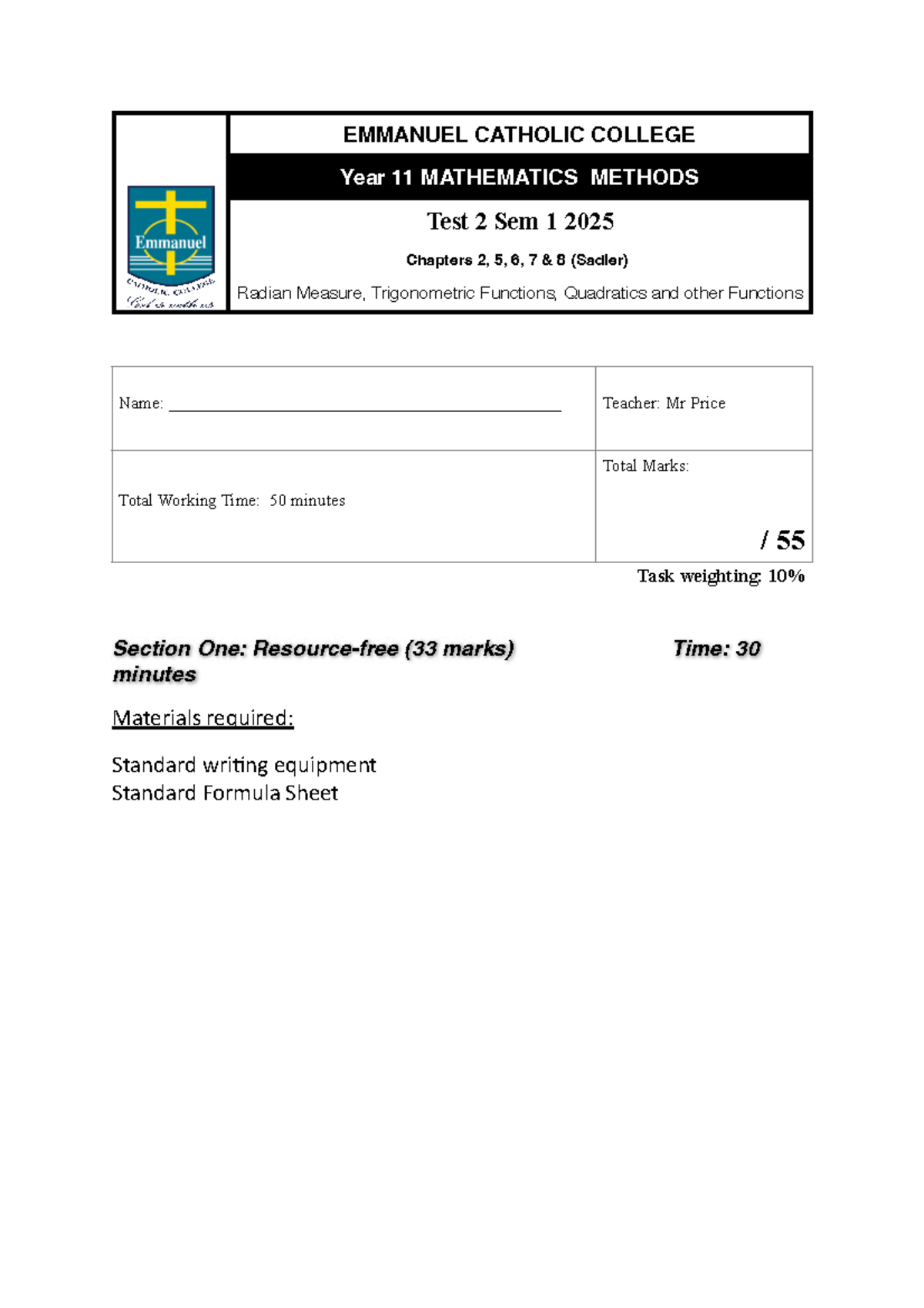 EMMANUEL CATHOLIC COLLEGE Year 11 Math Methods Test 2 Sem 1 2025 - Studocu