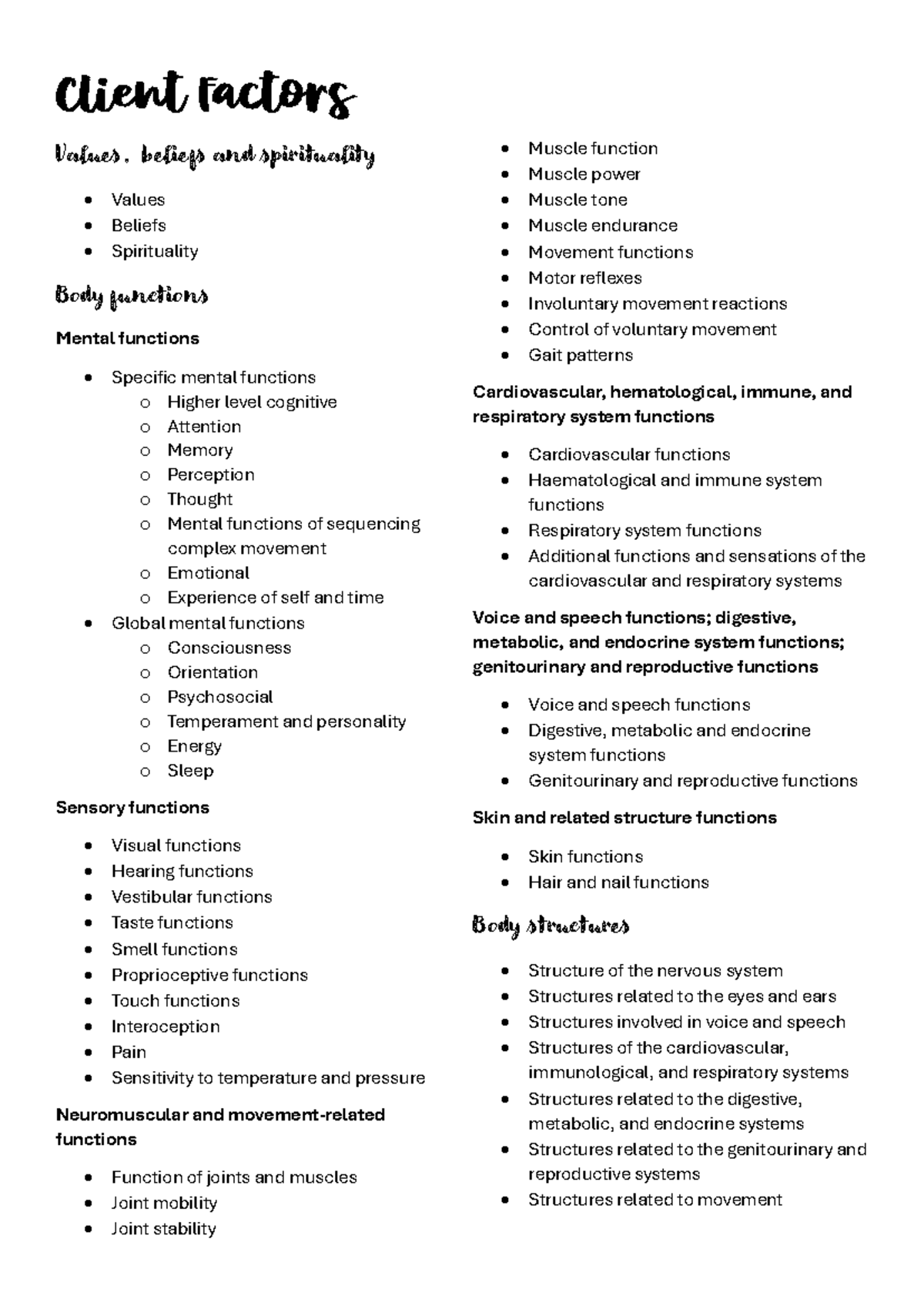 Client Factors: Values, Beliefs, and Body Functions Overview - Studocu