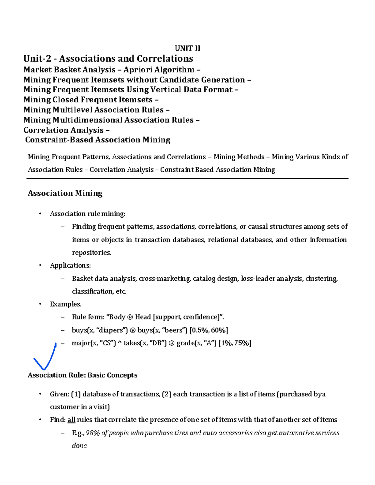 Unit II: Mining frequent patterns, associations, and correlations - Studocu