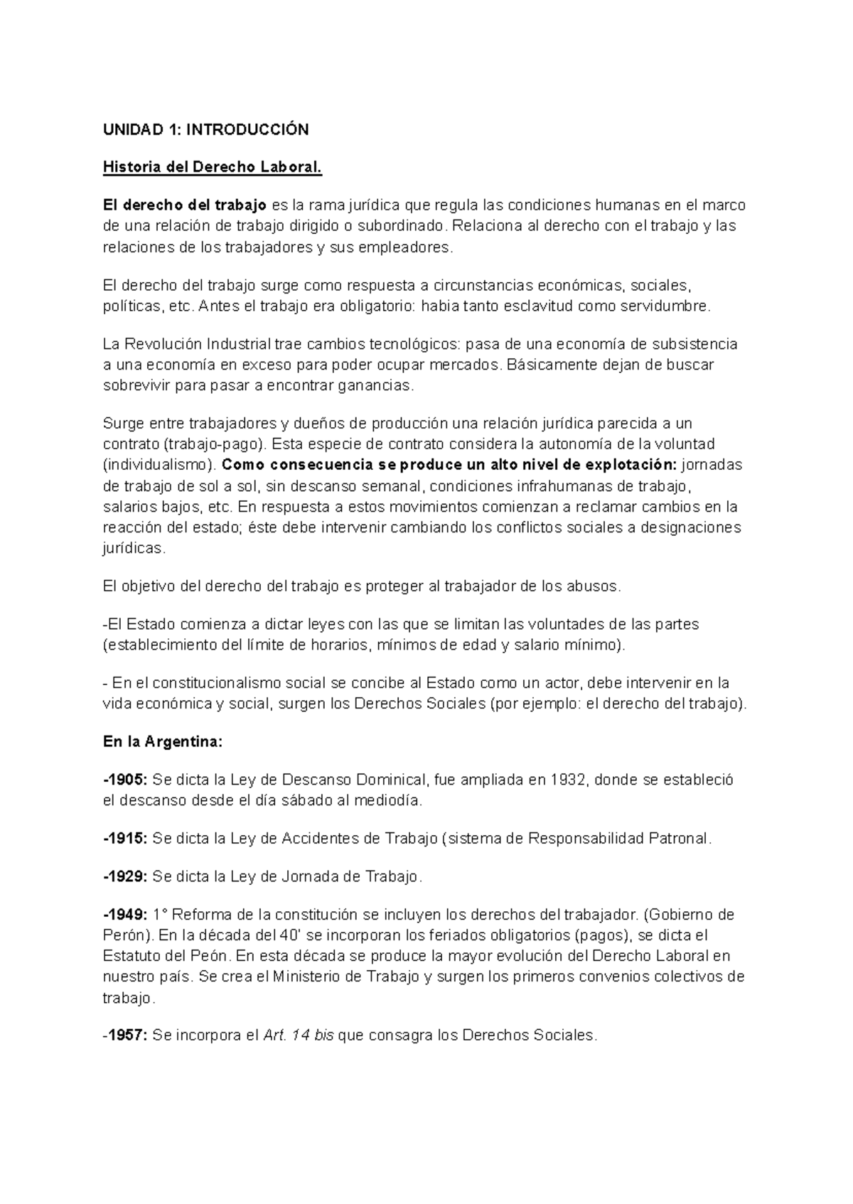 Resumen de UNIDAD 1: Historia del Derecho Laboral - Parcial 1 - Studocu