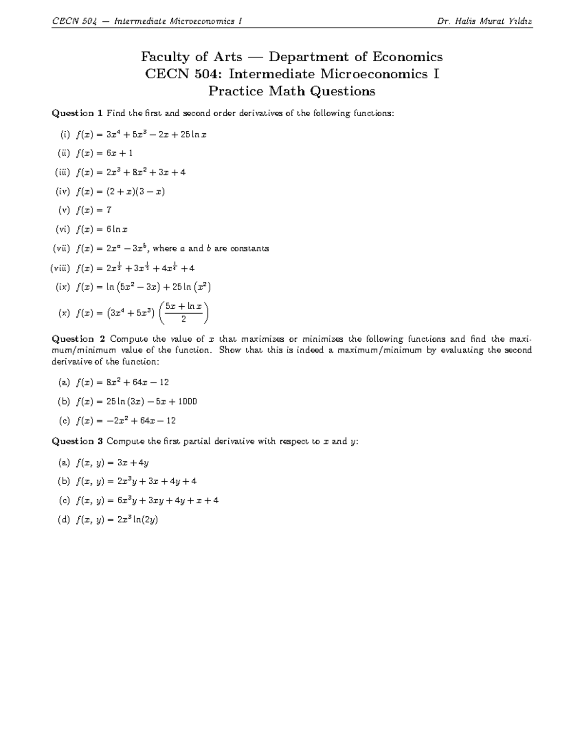 CECN 504: Intermediate Microeconomics I Practice Math Questions - Studocu