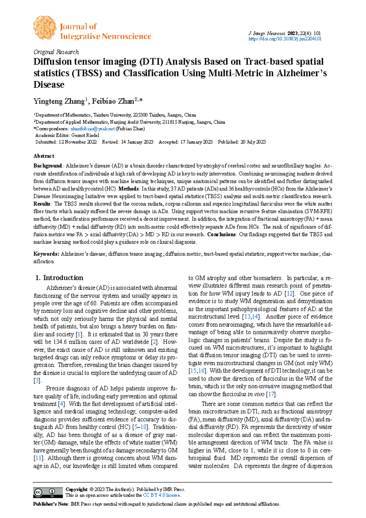 Diffusion Tensor Imaging (DTI) Analysis in Alzheimer's Disease: A TBSS ...