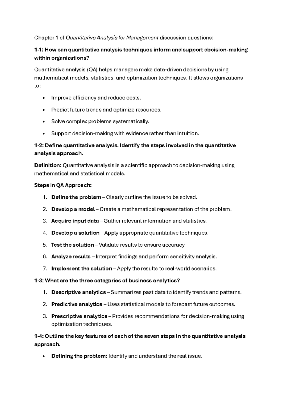Chapter 1 Discussion Qs for Quantitative Analysis (QM 101) - Studocu