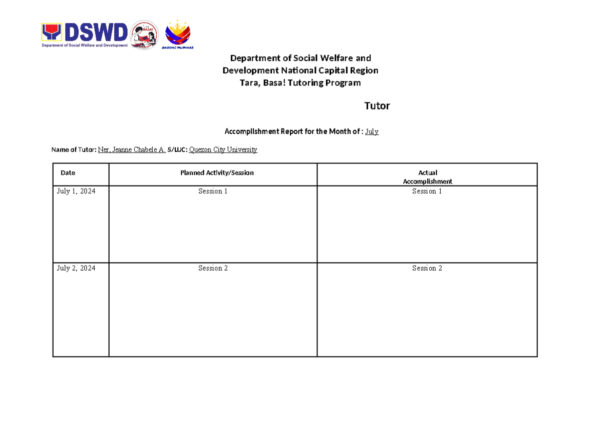 Tutor Accomplishment Report - July 2024 for Tara Basa Program - Studocu