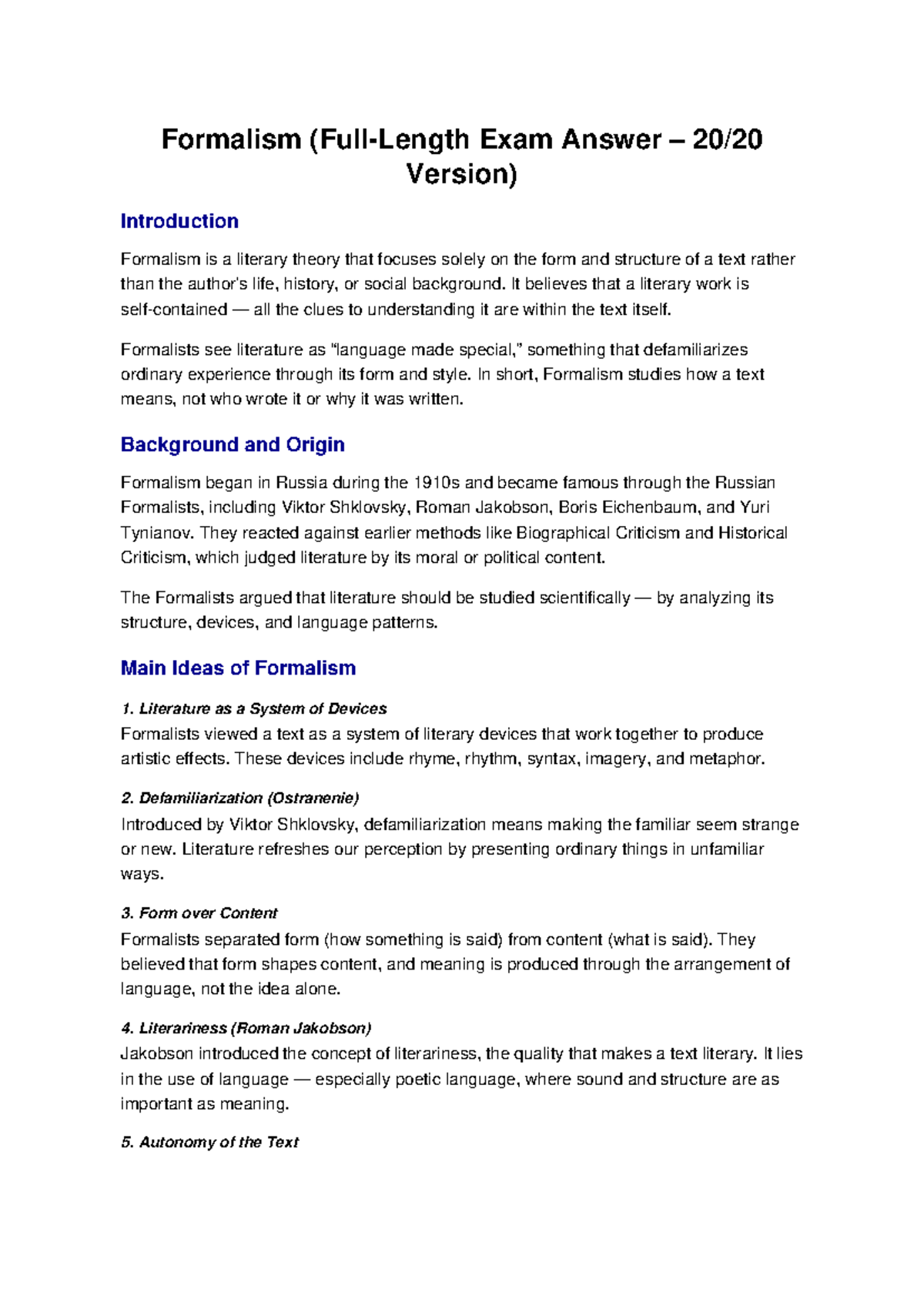 Formalism Exam Answers (ENG 201) - Key Concepts & Theories - Studocu