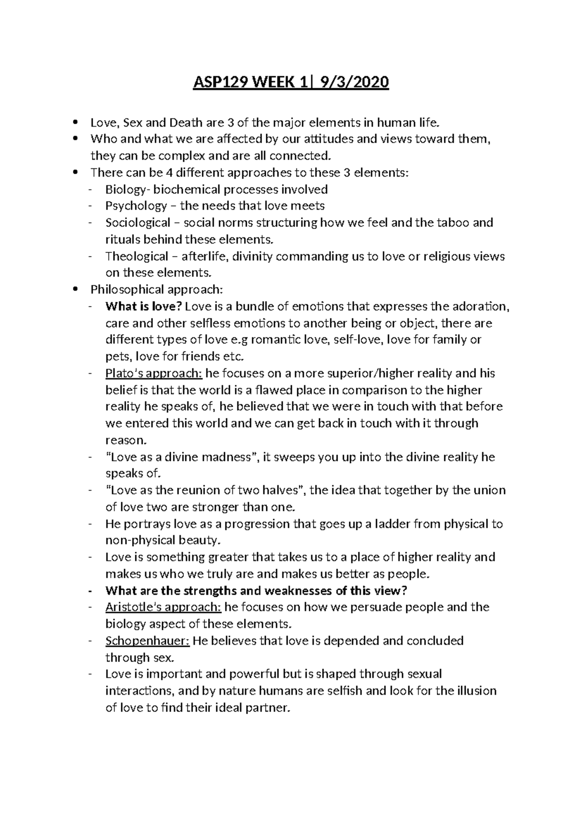 ASP129 WEEK 1 Lecture Notes: Exploring Love, Sex, and Death Approaches ...