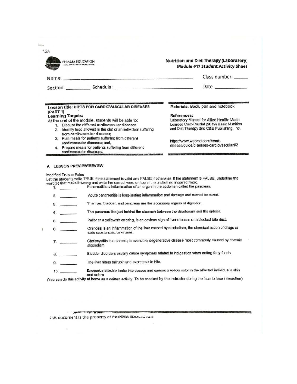 124 PHINMA EDUCATION Nutrition and Diet Therapy Lab Module: Diets for ...