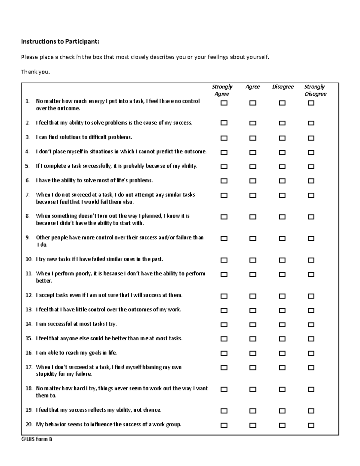 LHS Form B - Participant Self-Assessment Questionnaire - Studocu