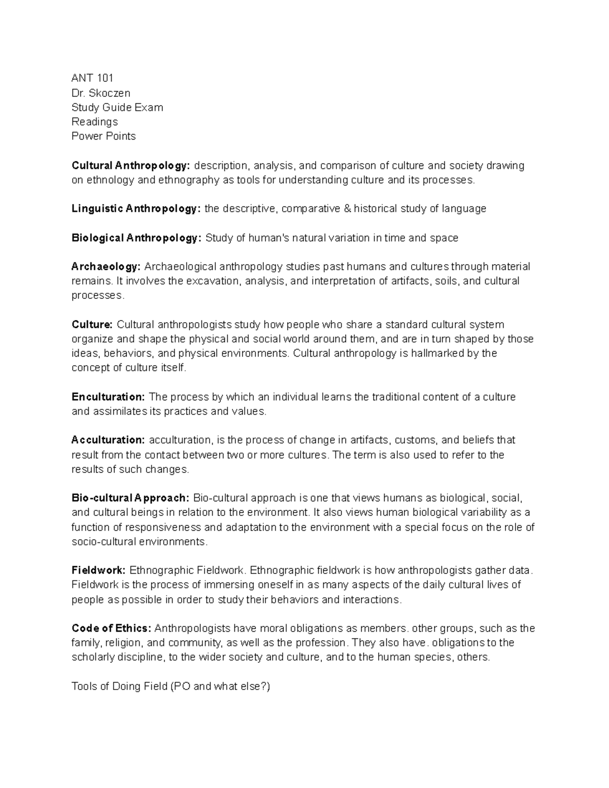 Study Guide for Exam 1 - ANT-101: Core Concepts in Anthropology - Studocu