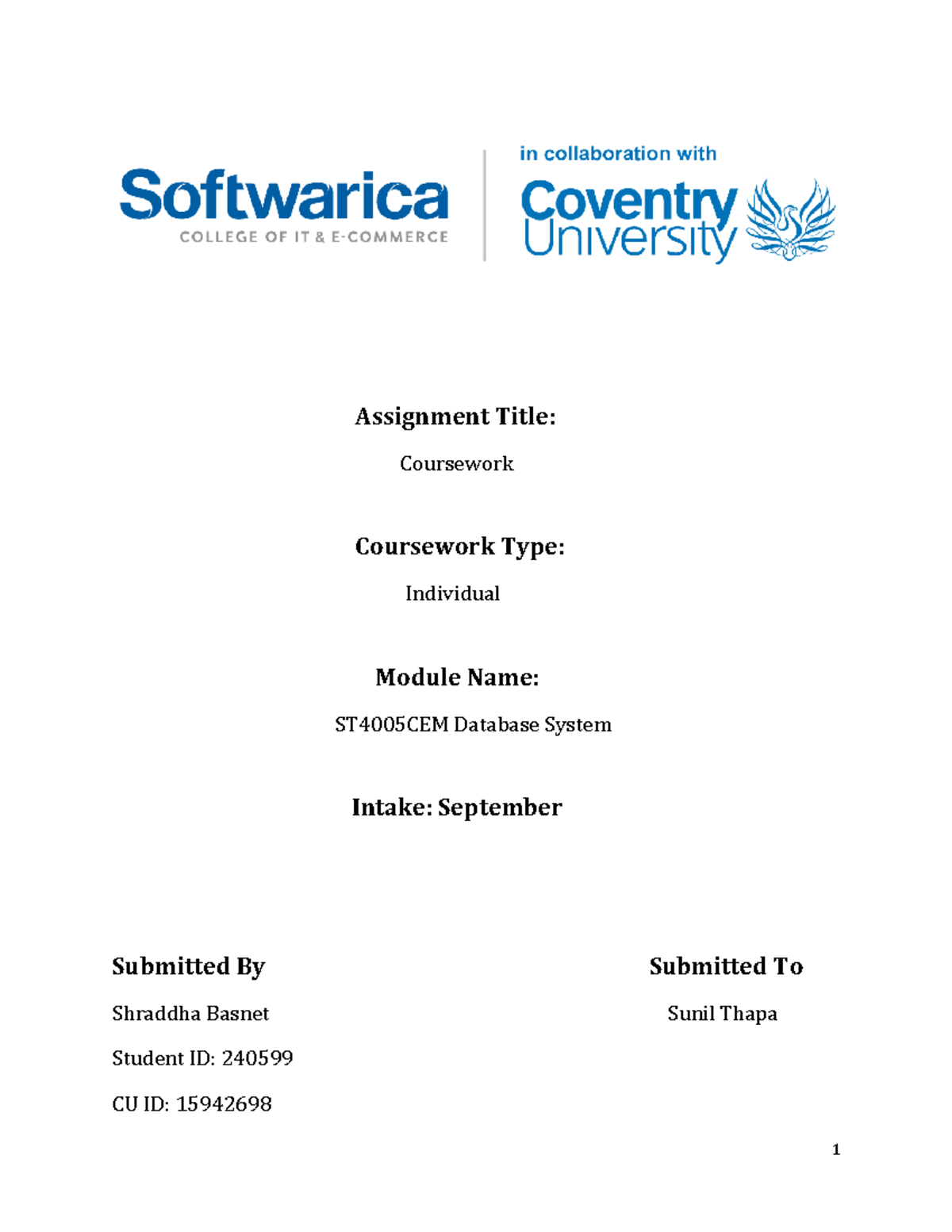ST4005CEM Database Systems Coursework: Normalization & SQL Queries ...