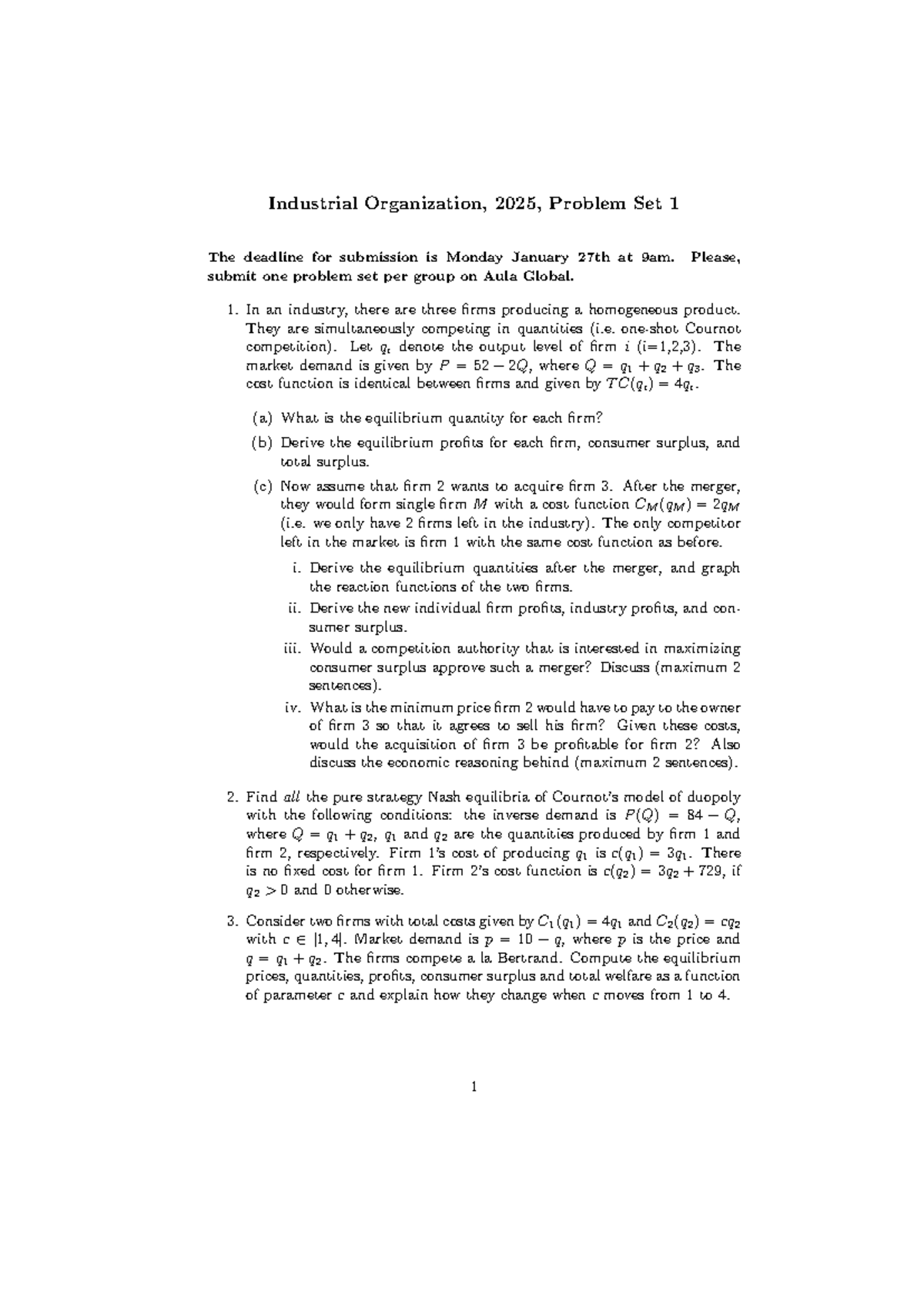 Industrial Organization (2025) - Problem Set 1 Analysis - Studocu