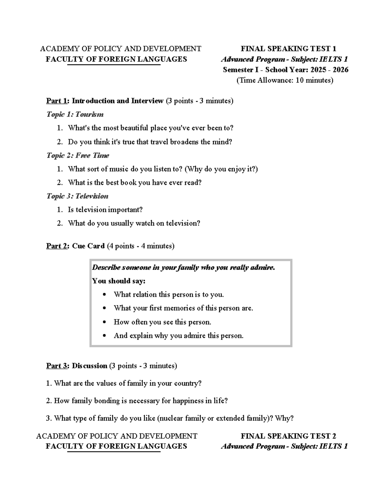 IELTS 1 - Final Speaking Test Questions for Semester I (2025-2026 ...