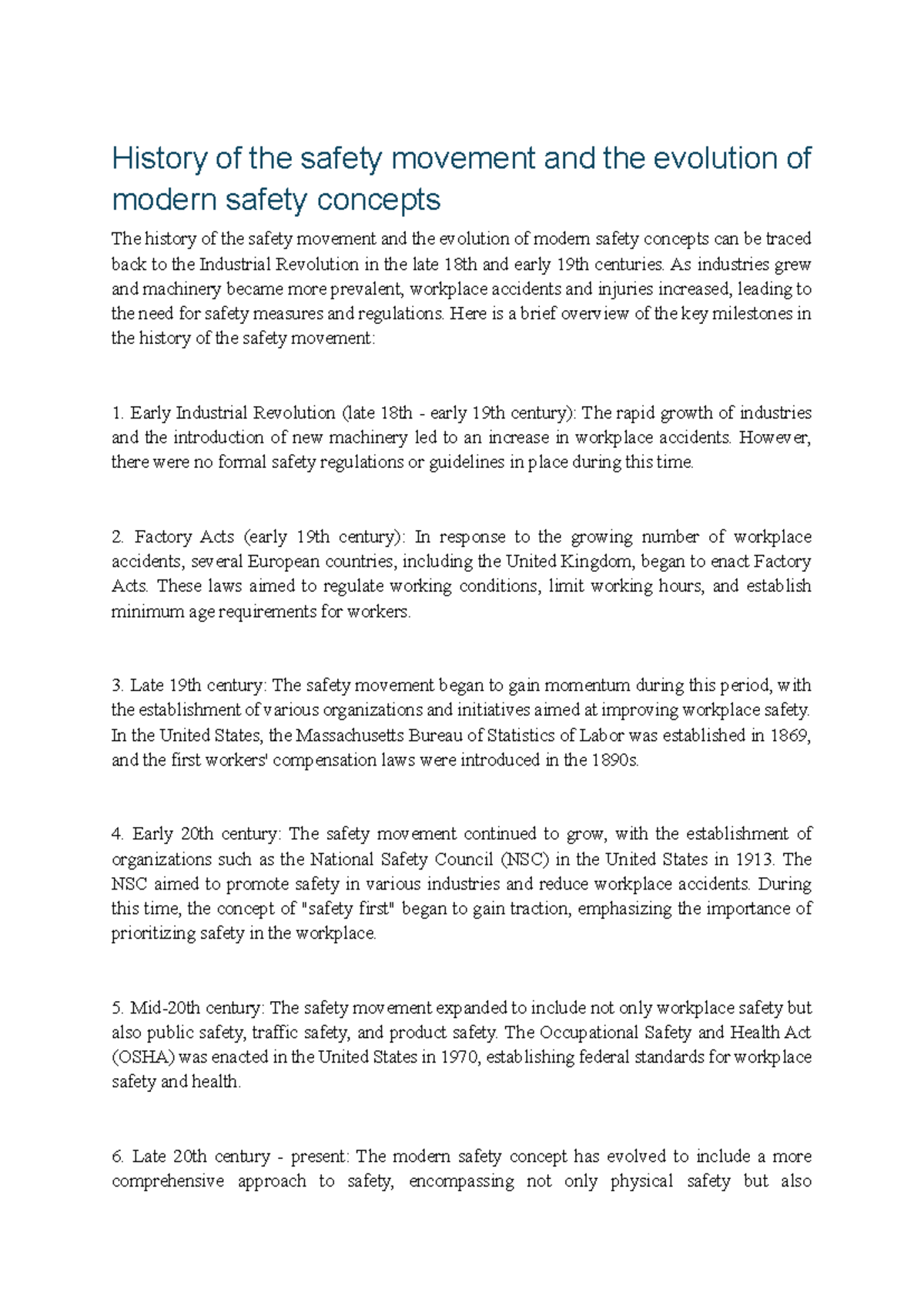 History of Safety Movement & Modern Concepts - Unit 1 Notes - Studocu