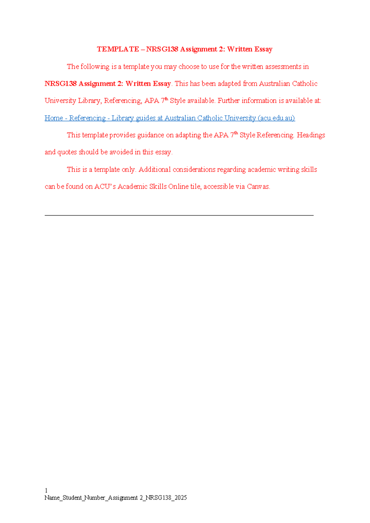 NRSG138 Assignment 2: Written Essay Template for APA Format - Studocu