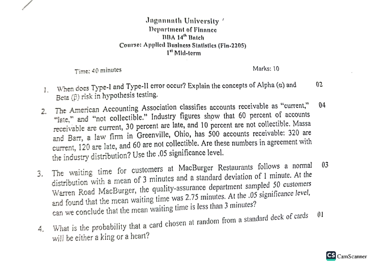 Fin-2205 Applied Statistics - Jagannath University Department of ...